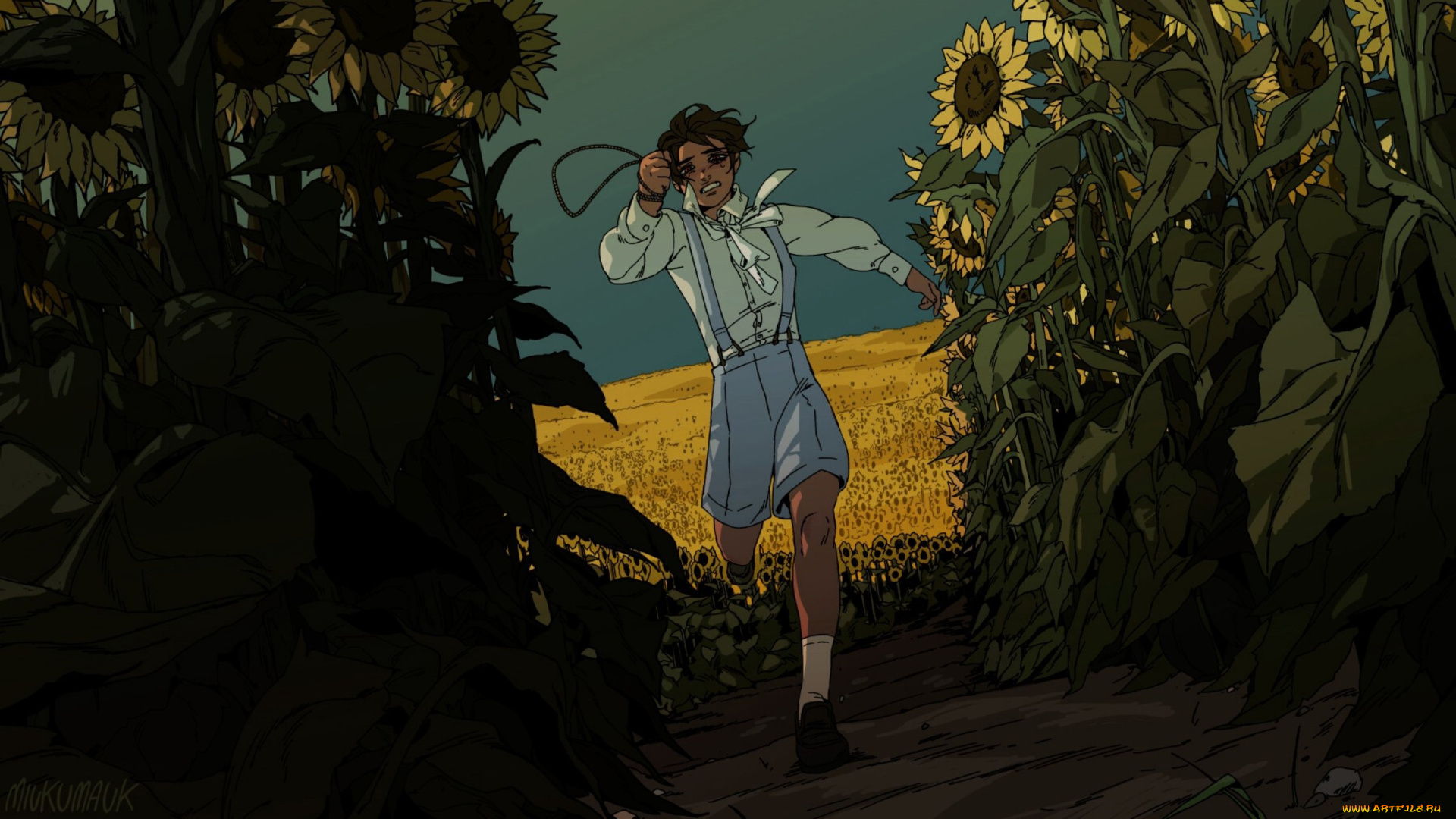 аниме, пейзажи, , природа, мальчик, подсолнухи, поле