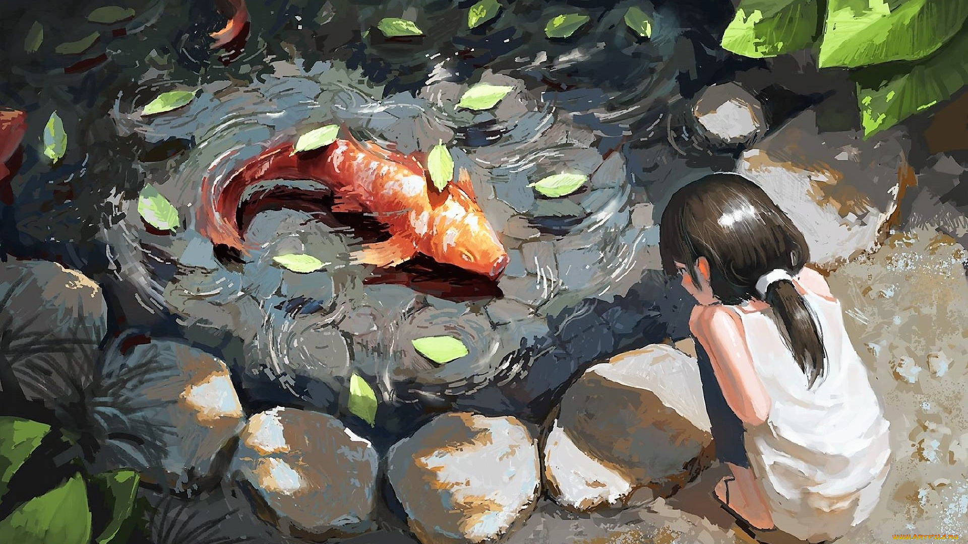 аниме, животные, , существа, девочка, пруд, рыба