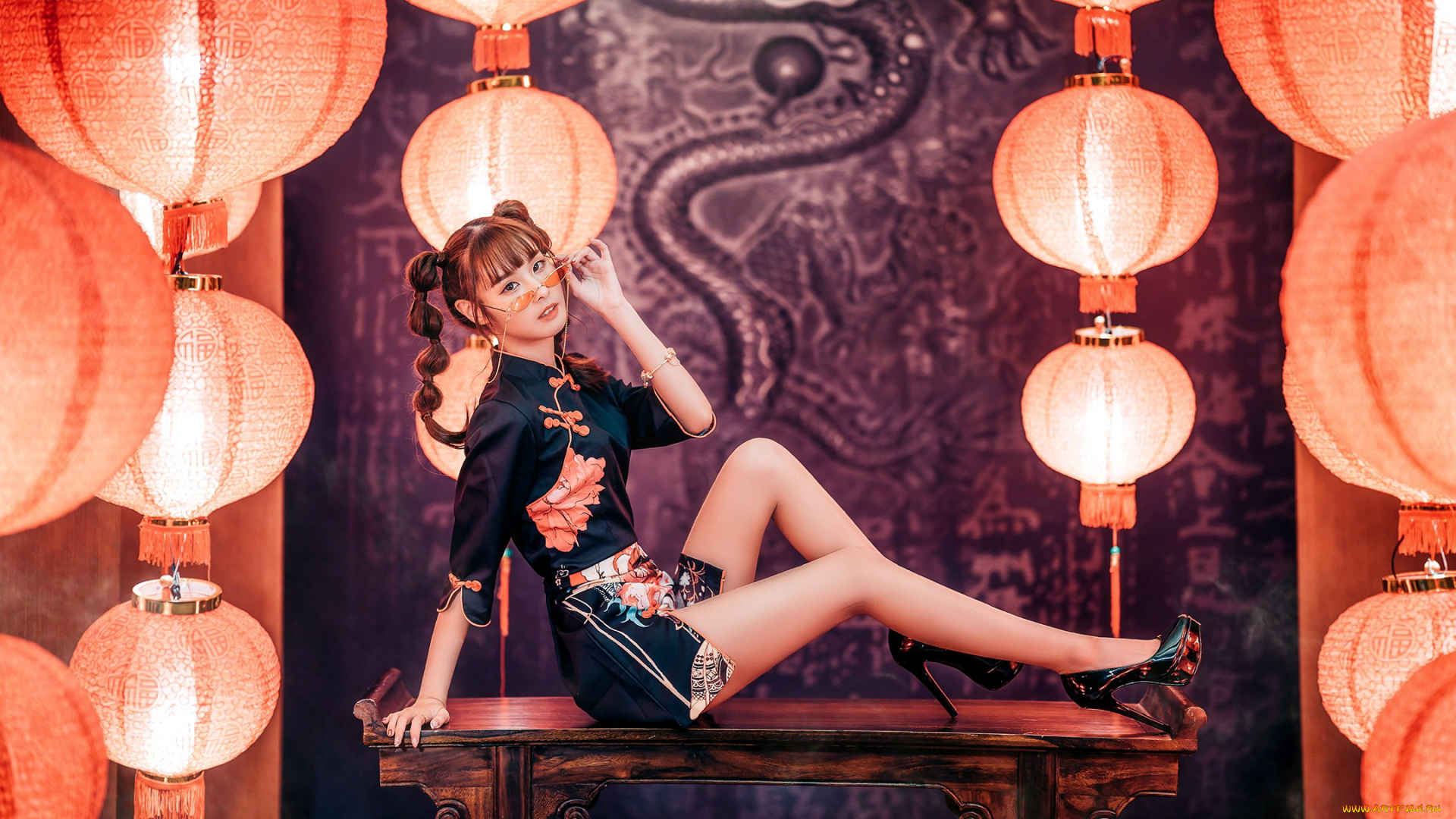 девушки, -, азиатки, азиатка, поза, фонарики