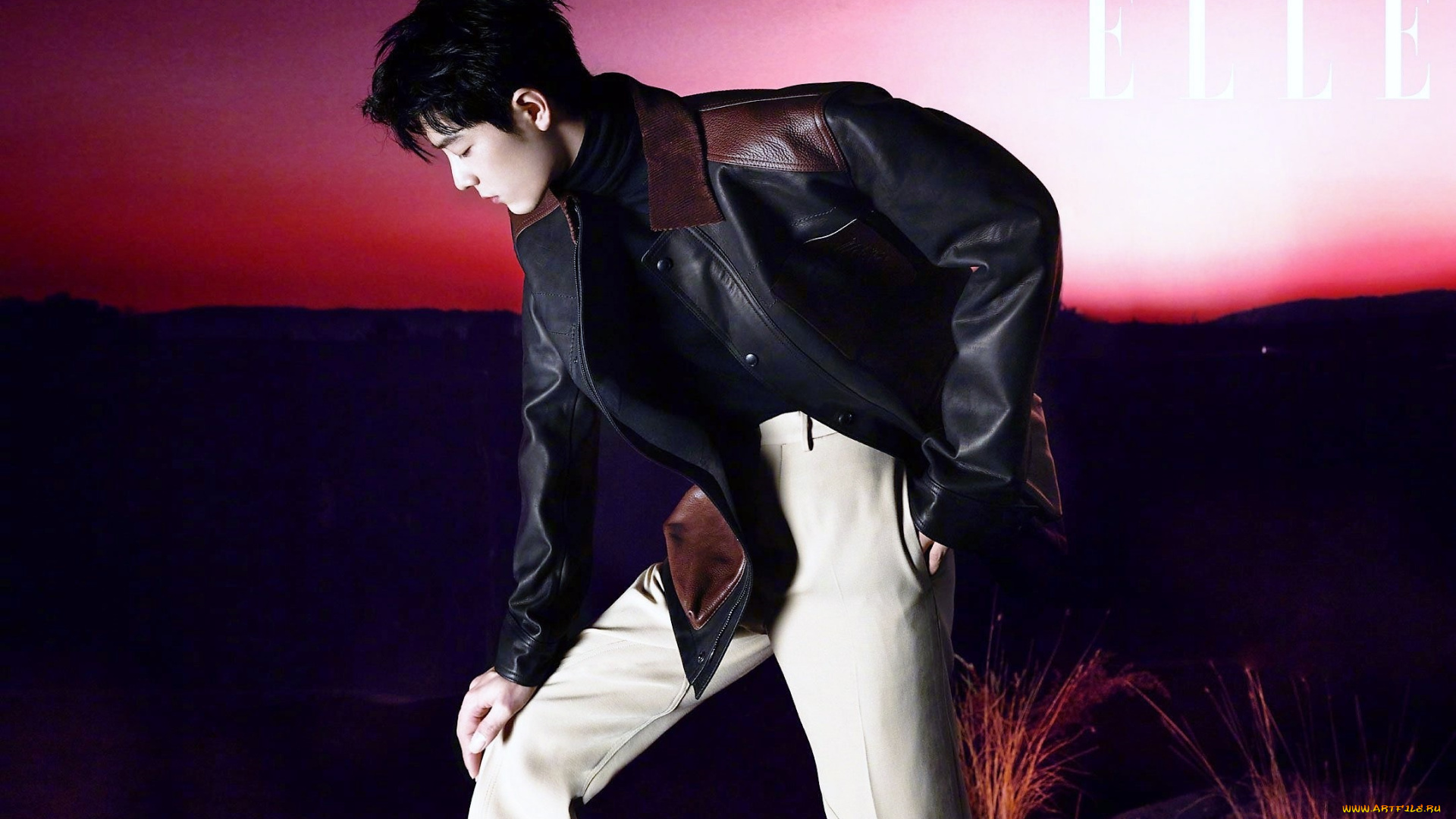мужчины, xiao, zhan, актер, куртка, брюки, закат, степь