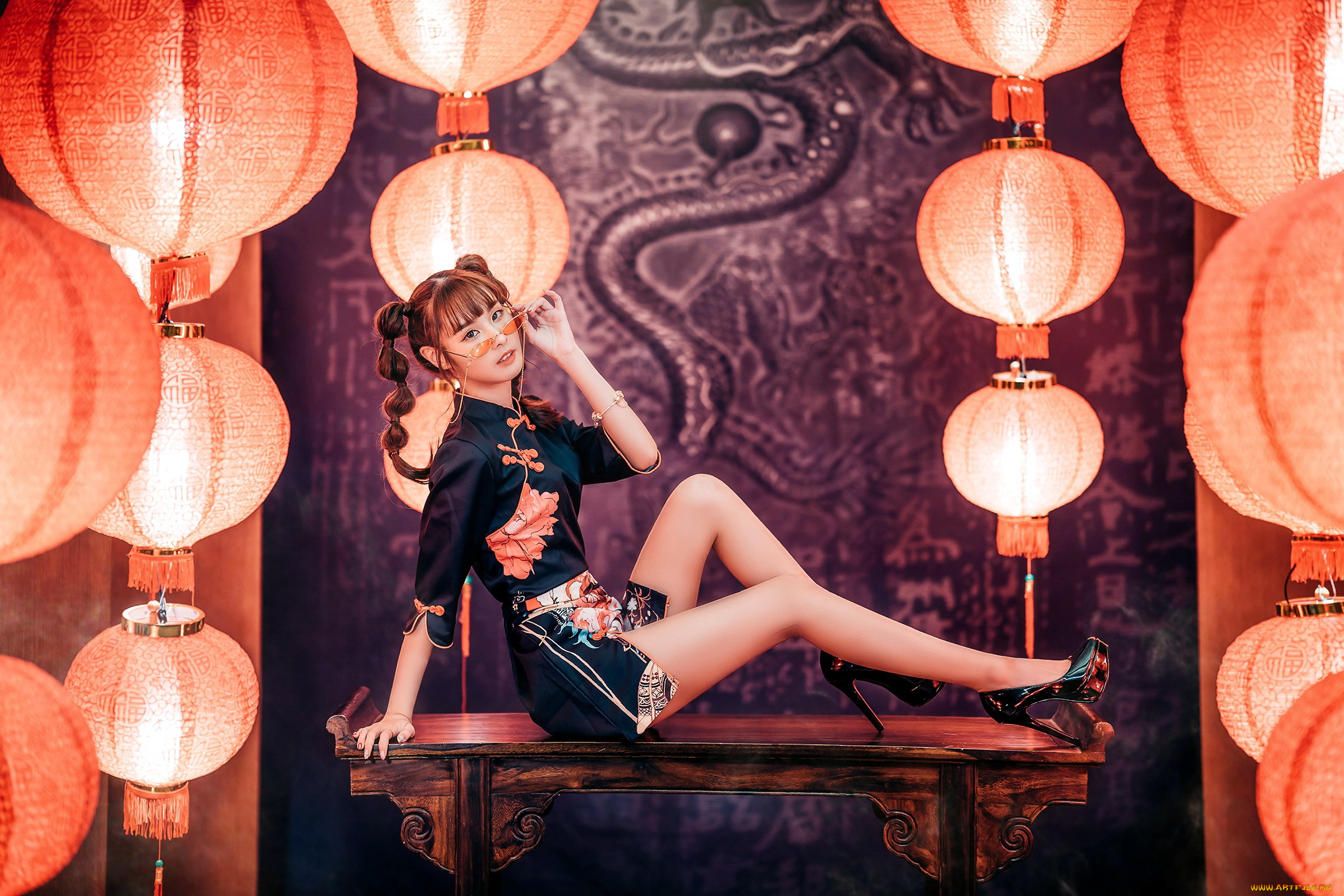 девушки, -, азиатки, азиатка, поза, фонарики