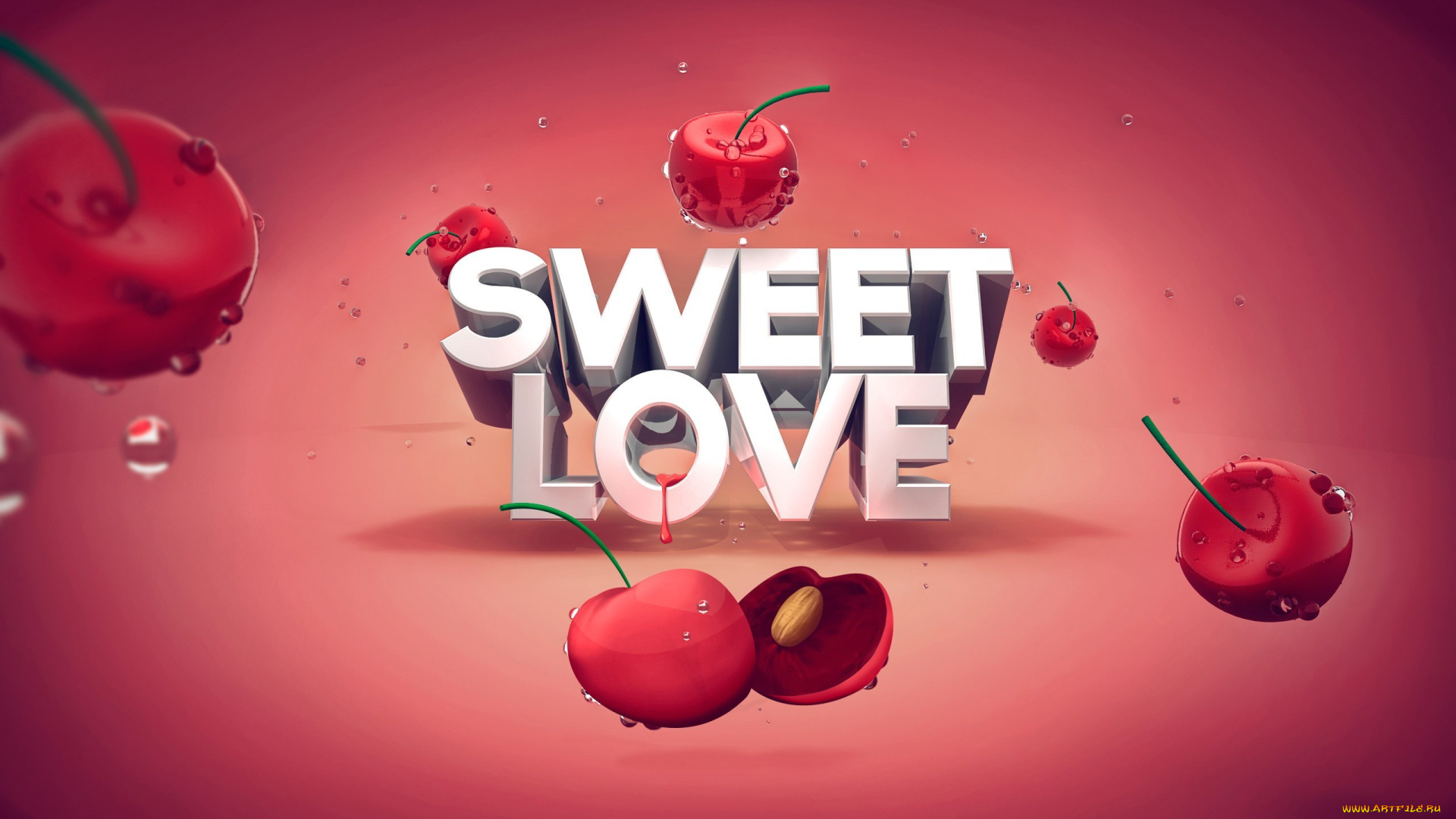 3д, графика, романтика, , romantics, вишни, капли, любовь