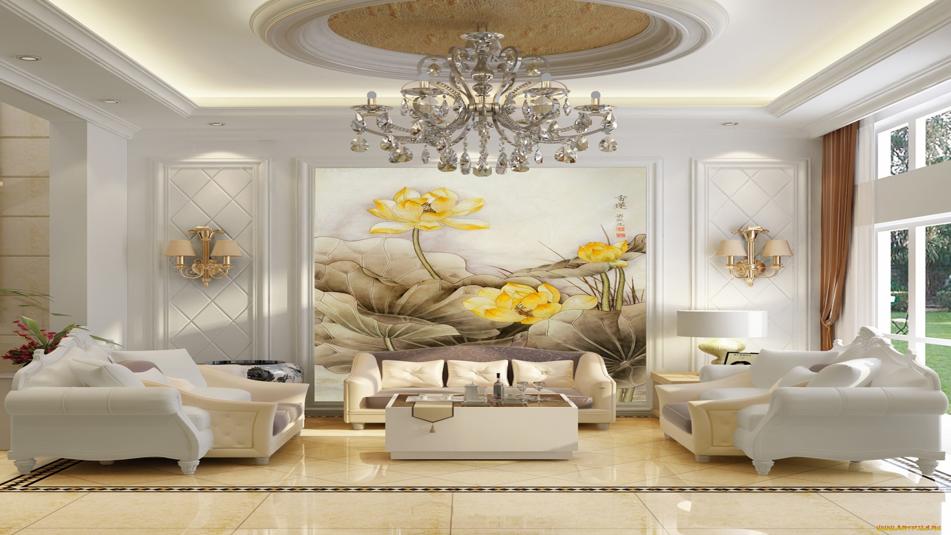 интерьер, гостиная, люстра, диваны, картина