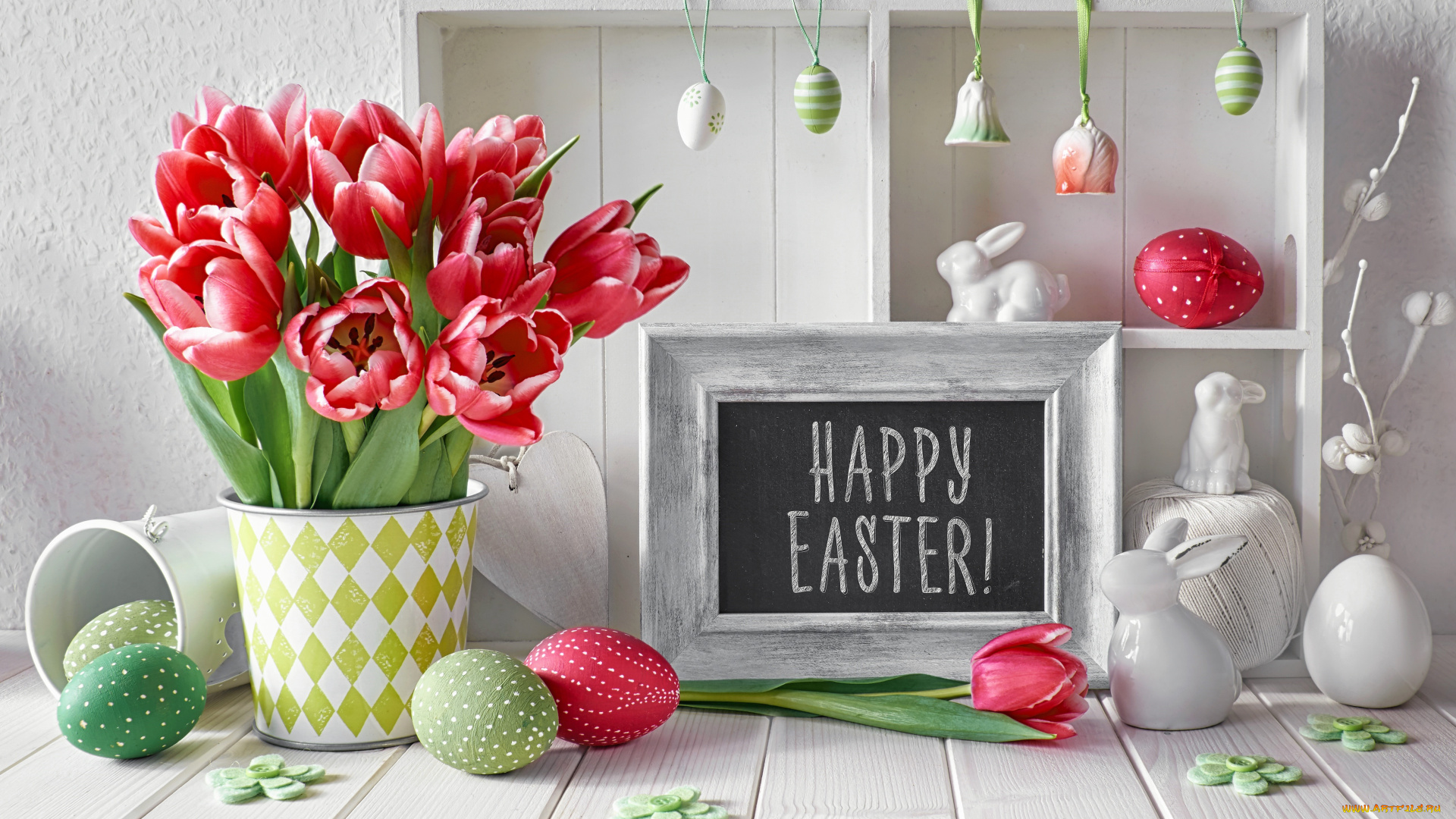 праздничные, пасха, тюльпаны, яйца, кролики, фигурки