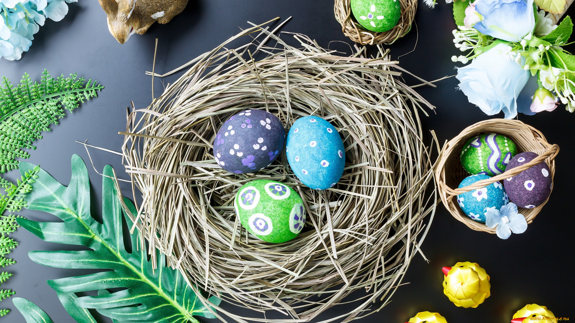 праздничные, пасха, яйца, гнездо, кролик, листья