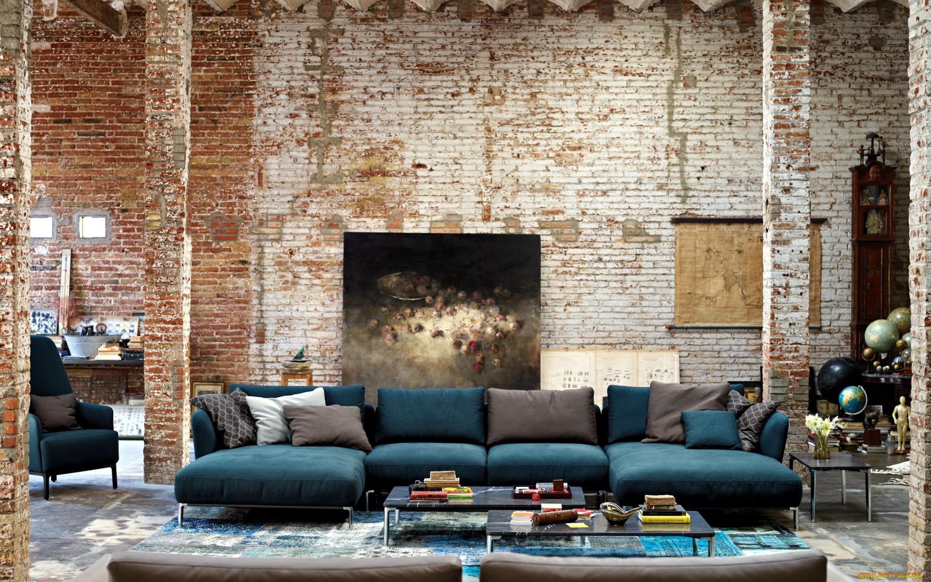 интерьер, гостиная, кирпичная, стена, мягкий, уголок