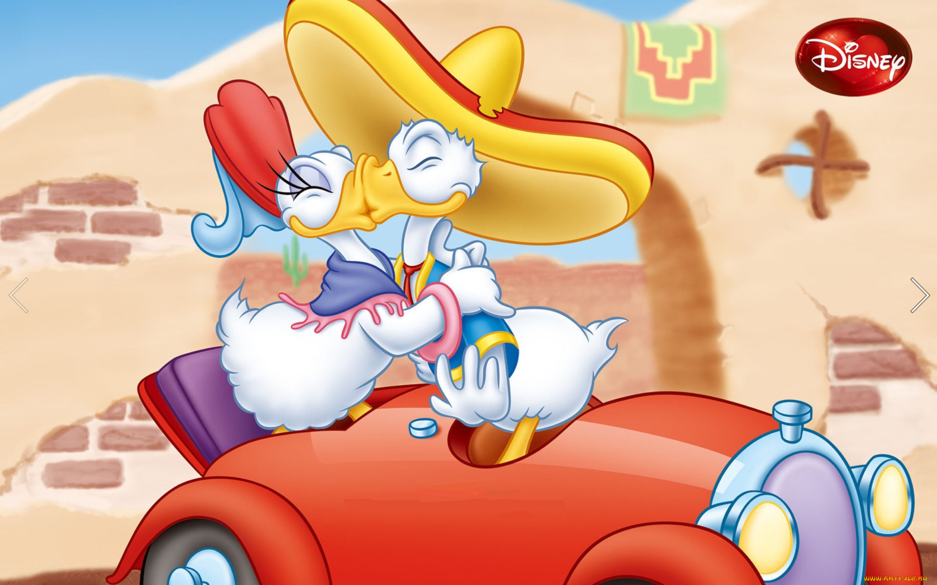 мультфильмы, disney, дональд, дак, поцелуй, машина