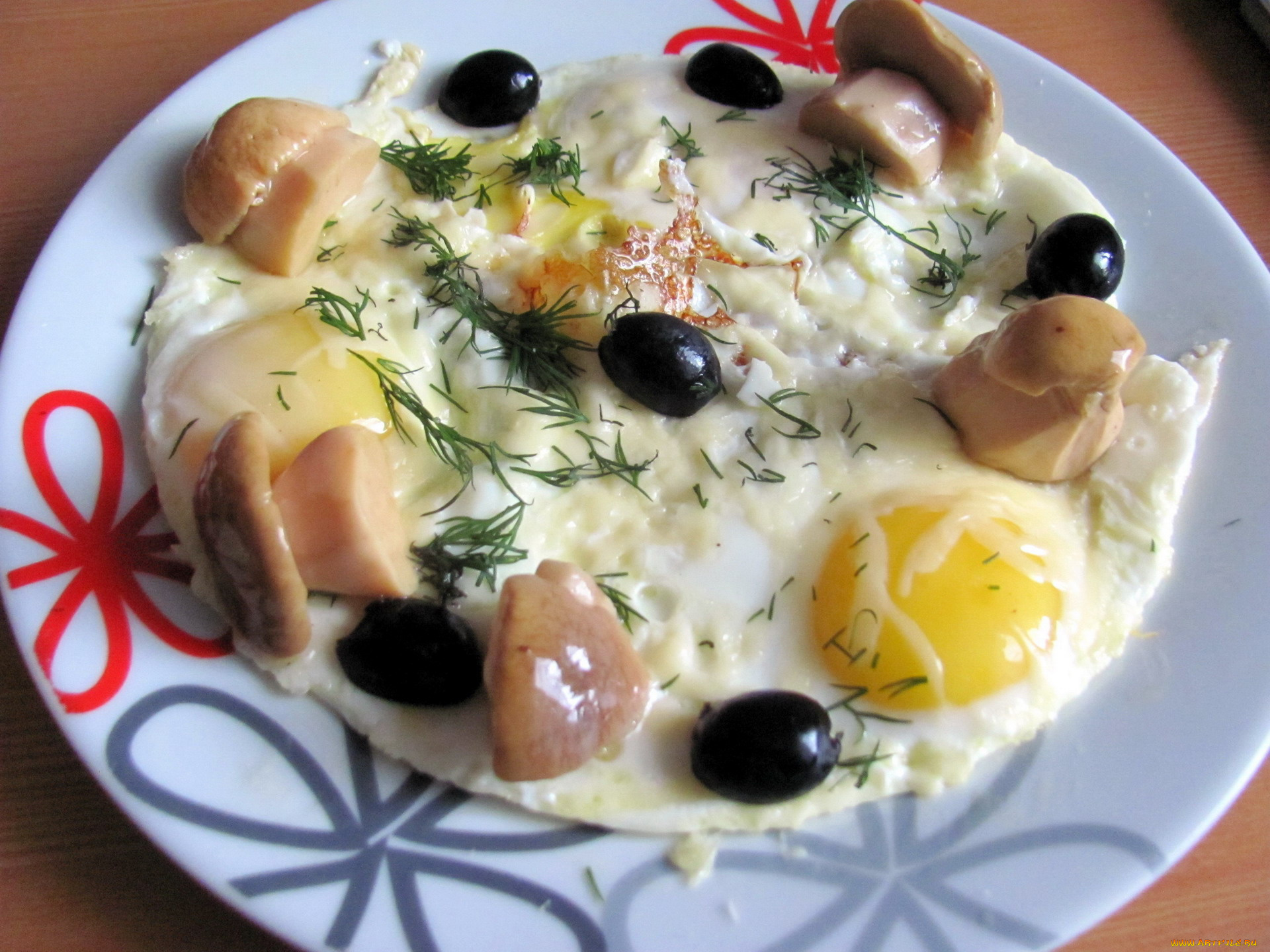 еда, яичные, блюда, яичница, глазунья, маслины, боровики