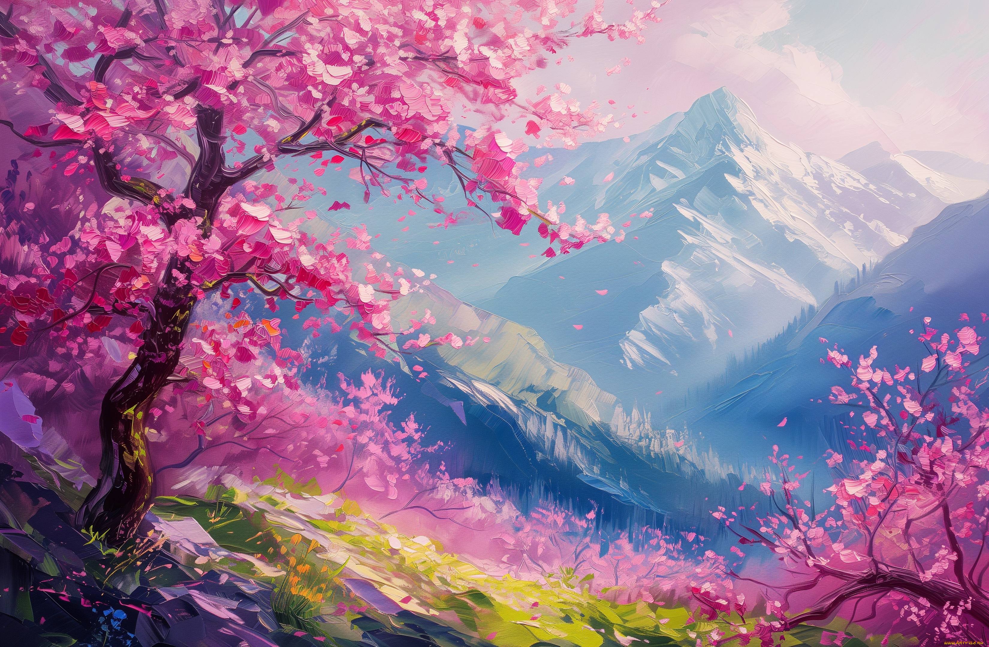 рисованное, природа, свет, снег, деревья, пейзаж, горы, ветки, туман