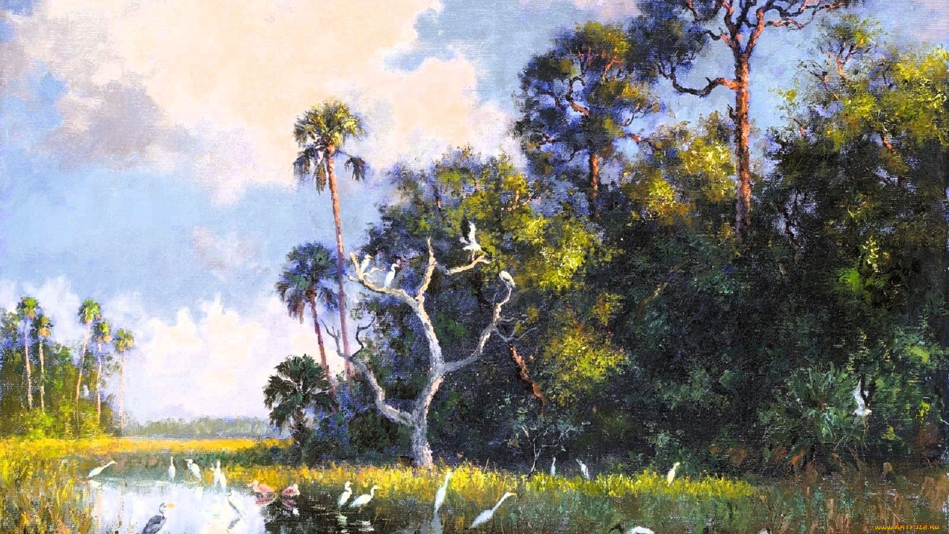 рисованное, albert, ernest, backus, деревья, облака, озеро, цапли