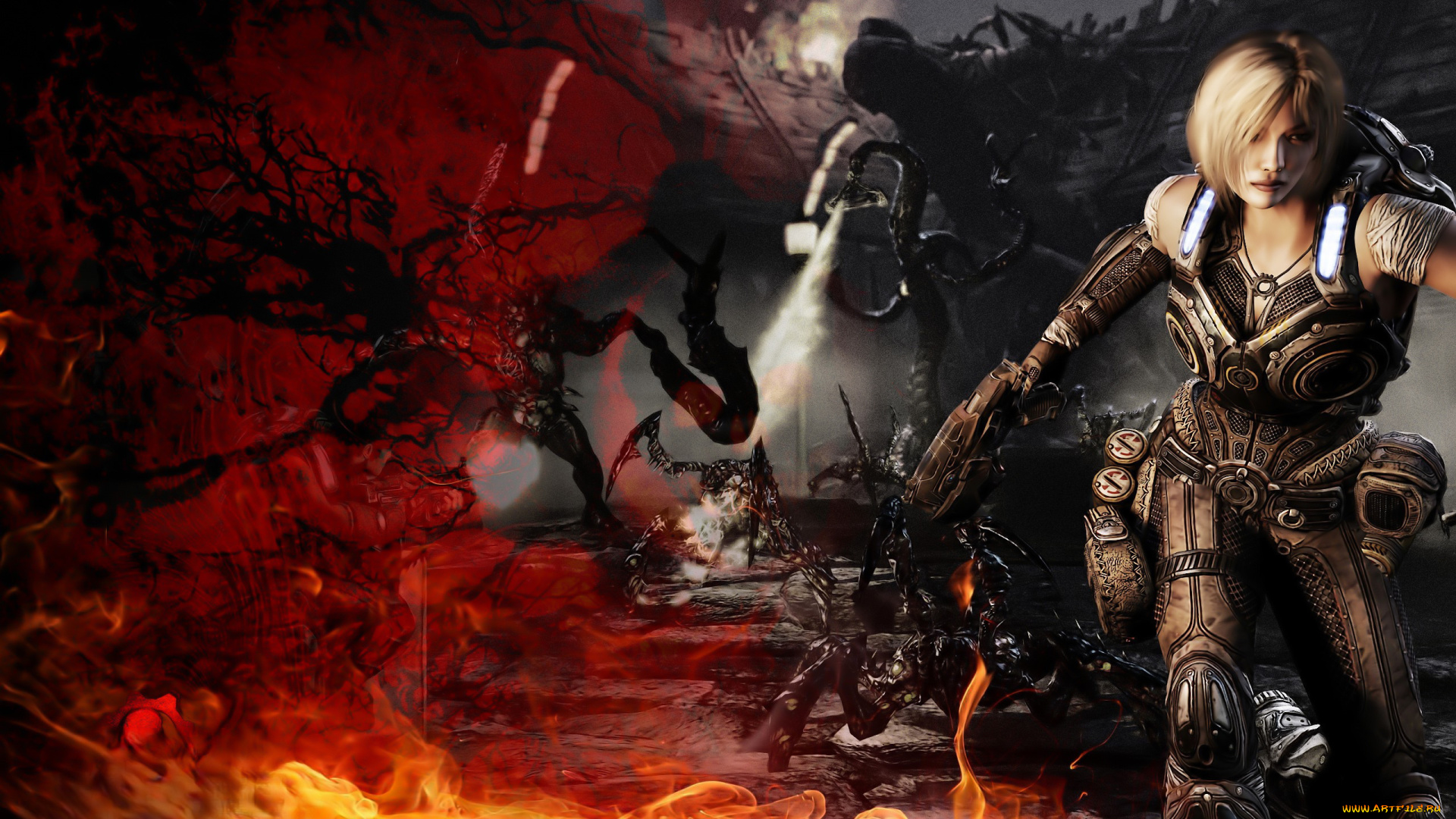 видео, игры, gears, of, war, 3, девушка, броня, оружие, огонь