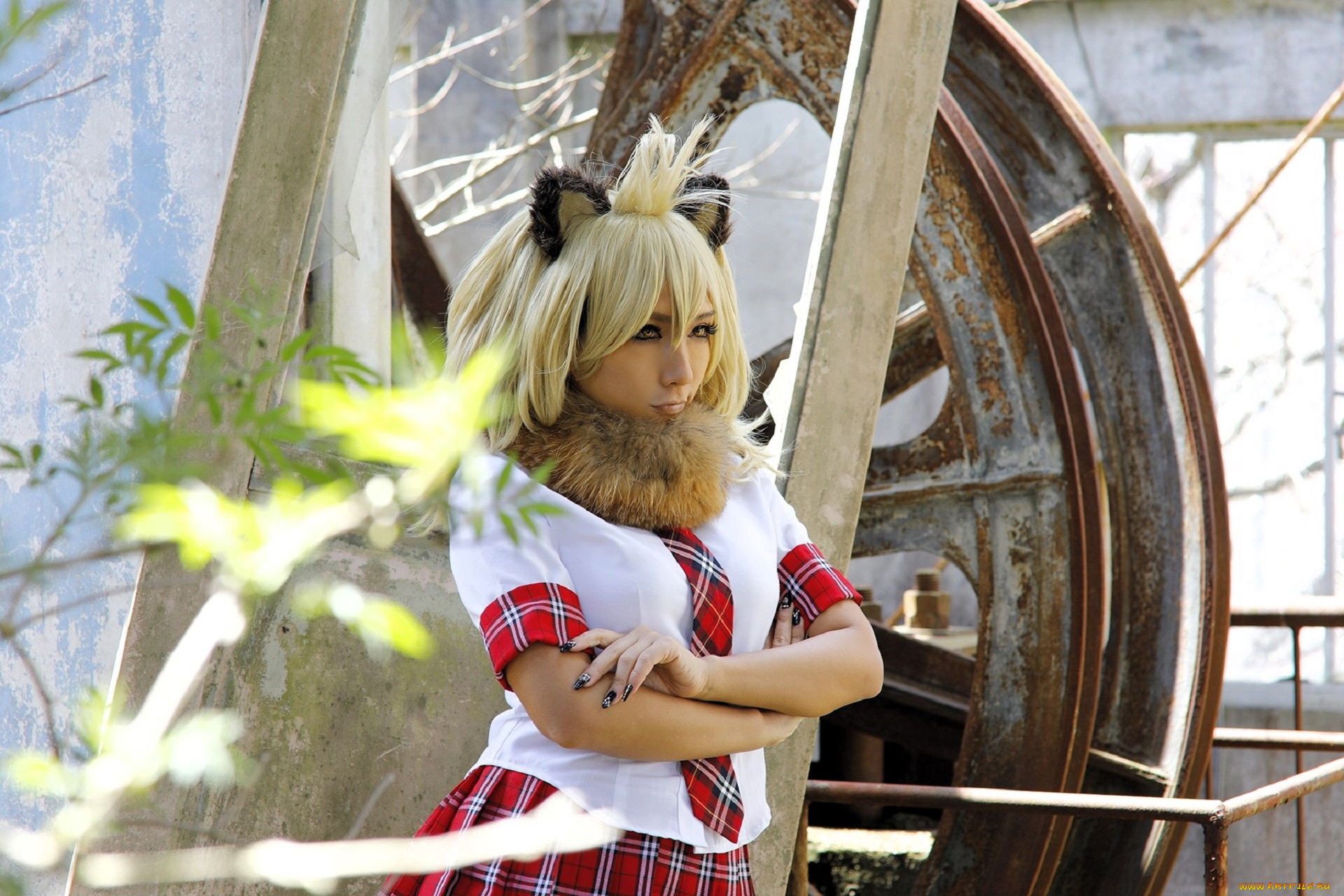 девушки, nonsummerjack, косплей, образ, наряд, ушки, мех, форма, развалины