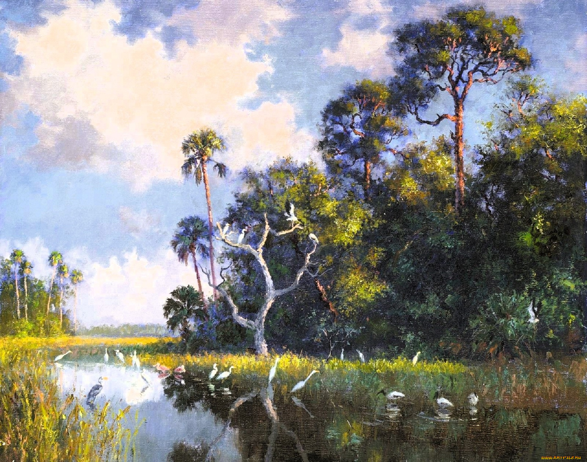 рисованное, albert, ernest, backus, деревья, облака, озеро, цапли