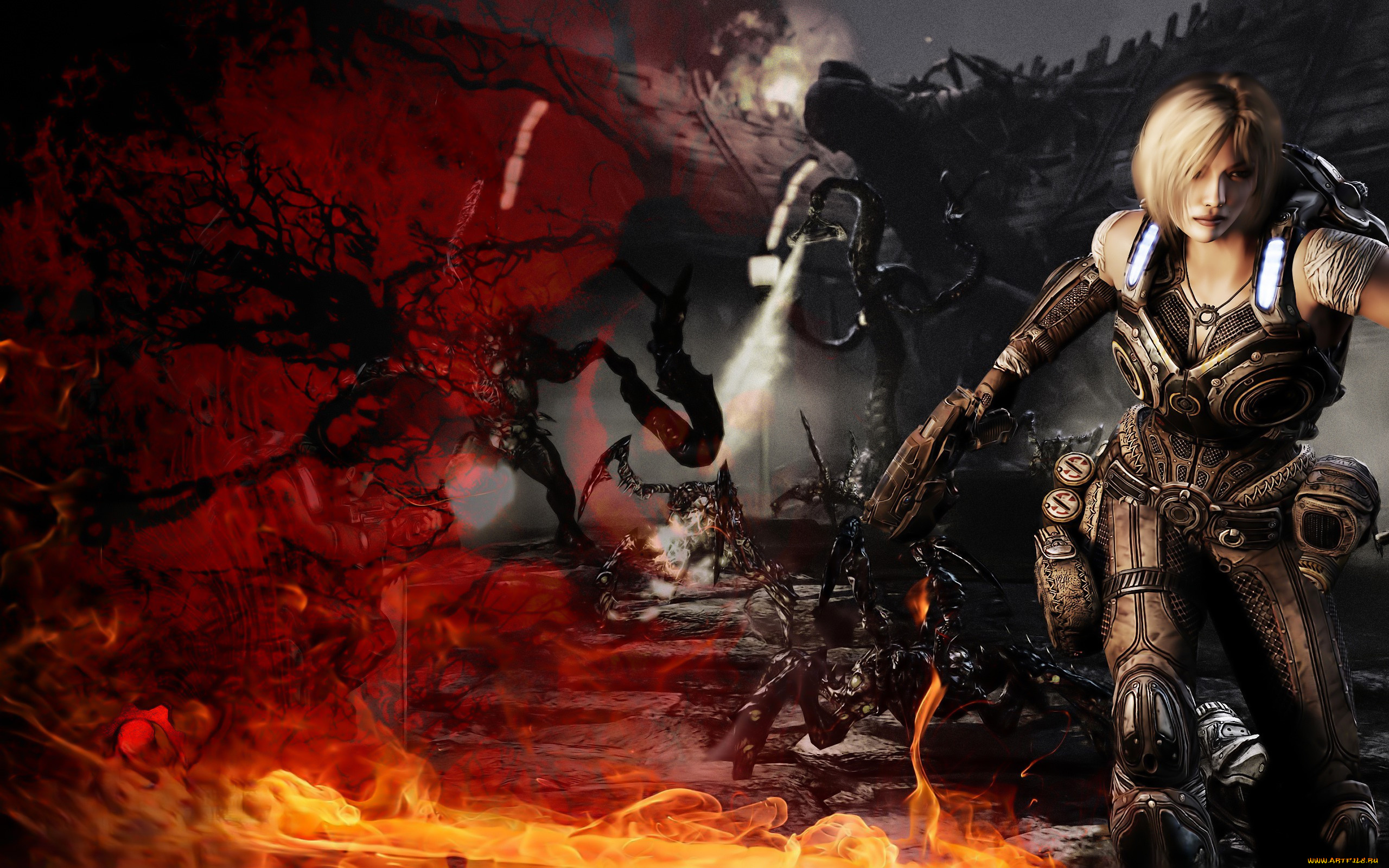 видео, игры, gears, of, war, 3, девушка, броня, оружие, огонь