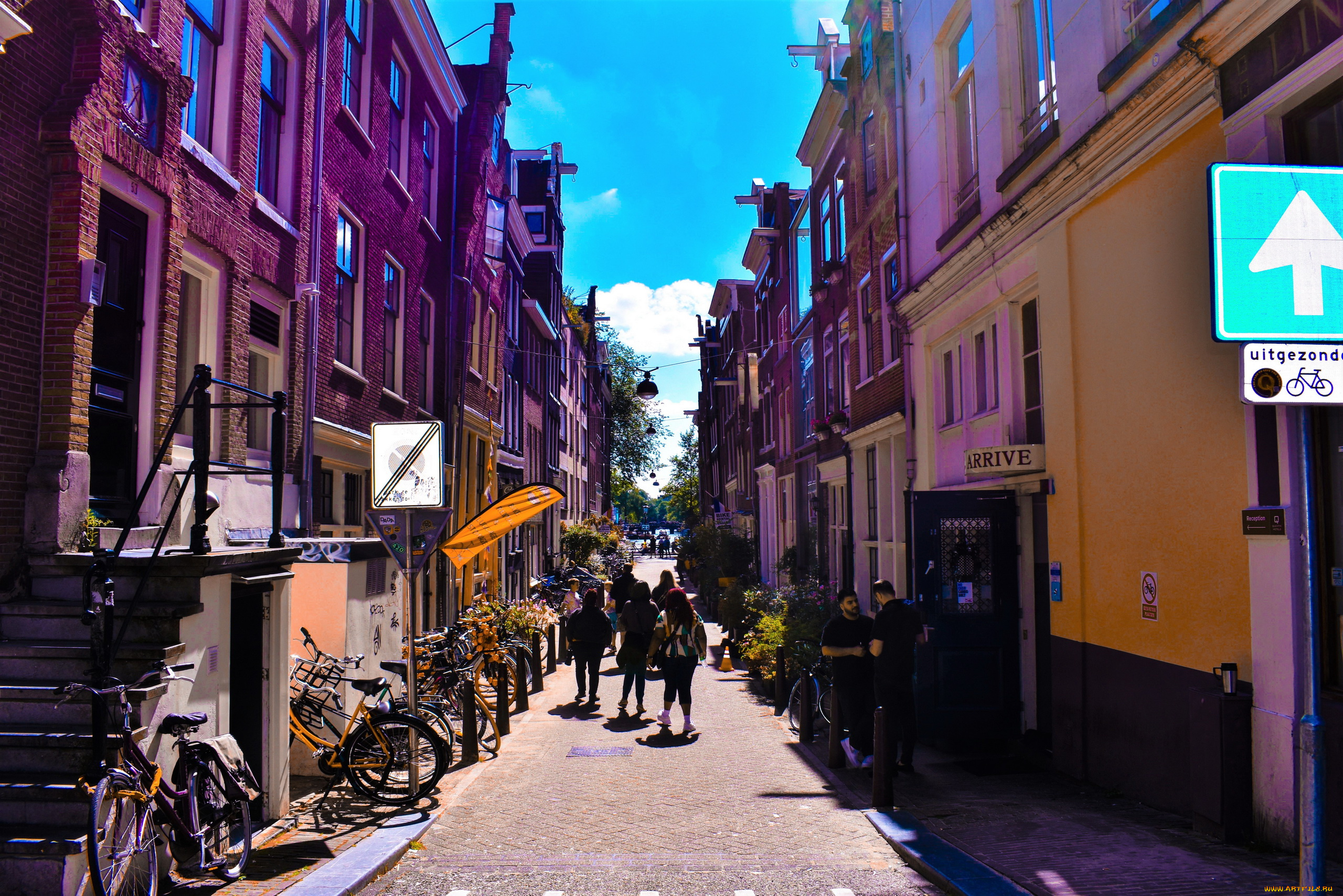 города, амстердам, , нидерланды, улица, прохожие, велосипеды
