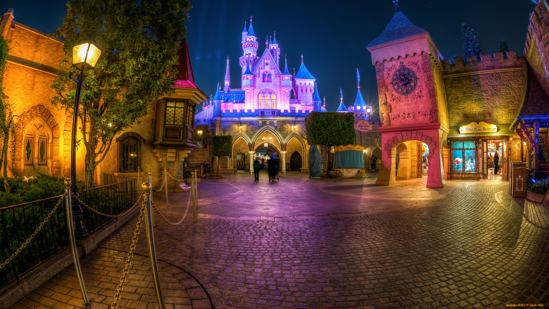 города, диснейленд, замок, ночь, башня, часы, иллюминация