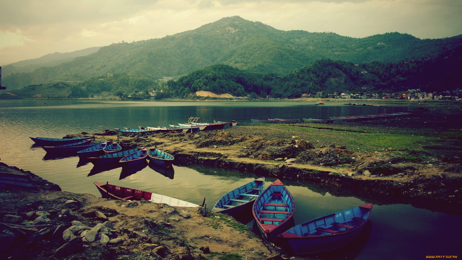 корабли, лодки, шлюпки, причал, озеро, горы