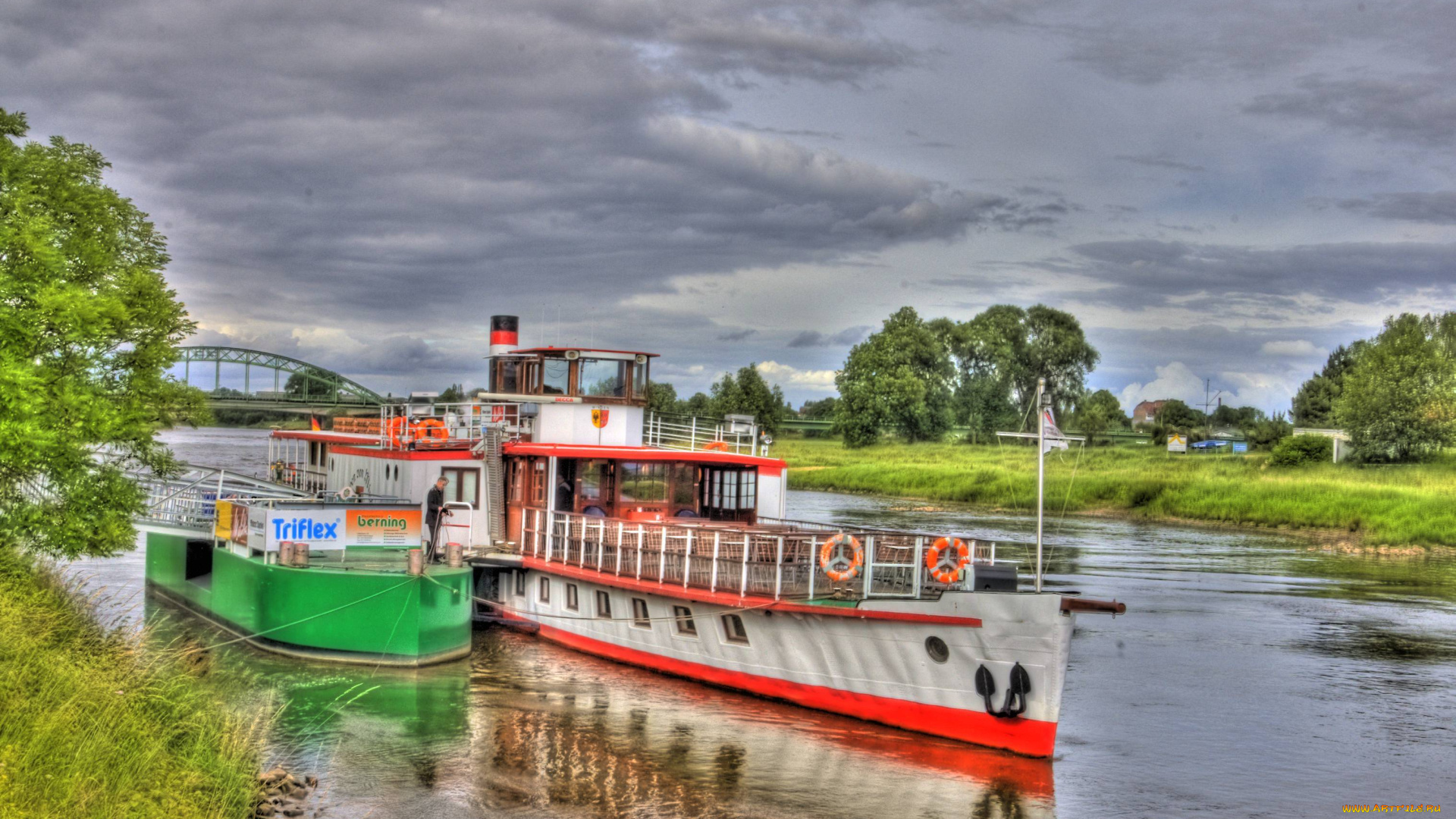 корабли, пароходы, пристань, мост, природа, река