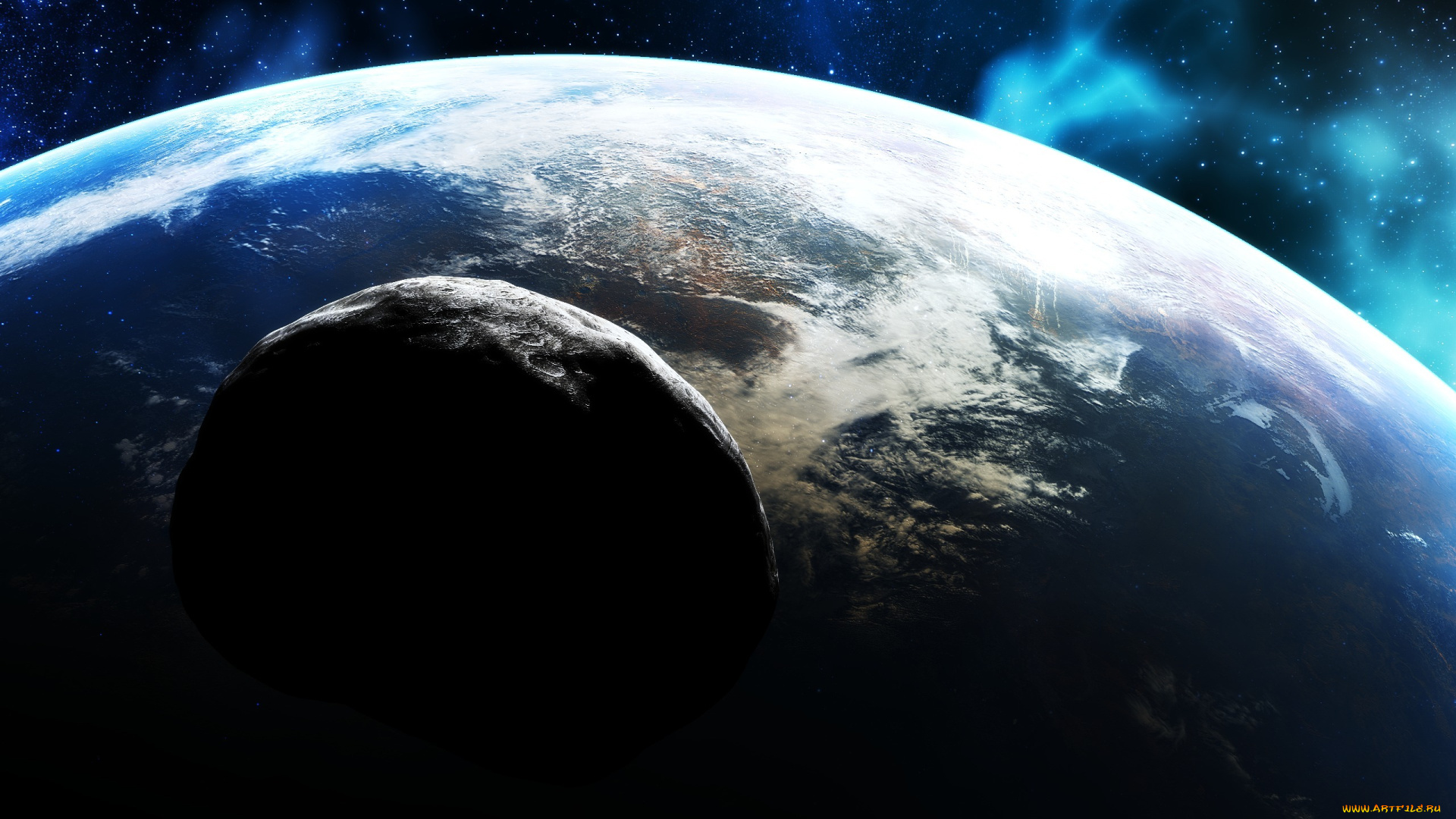 космос, арт, планета, поверхность, атмосфера, астероид, звезды