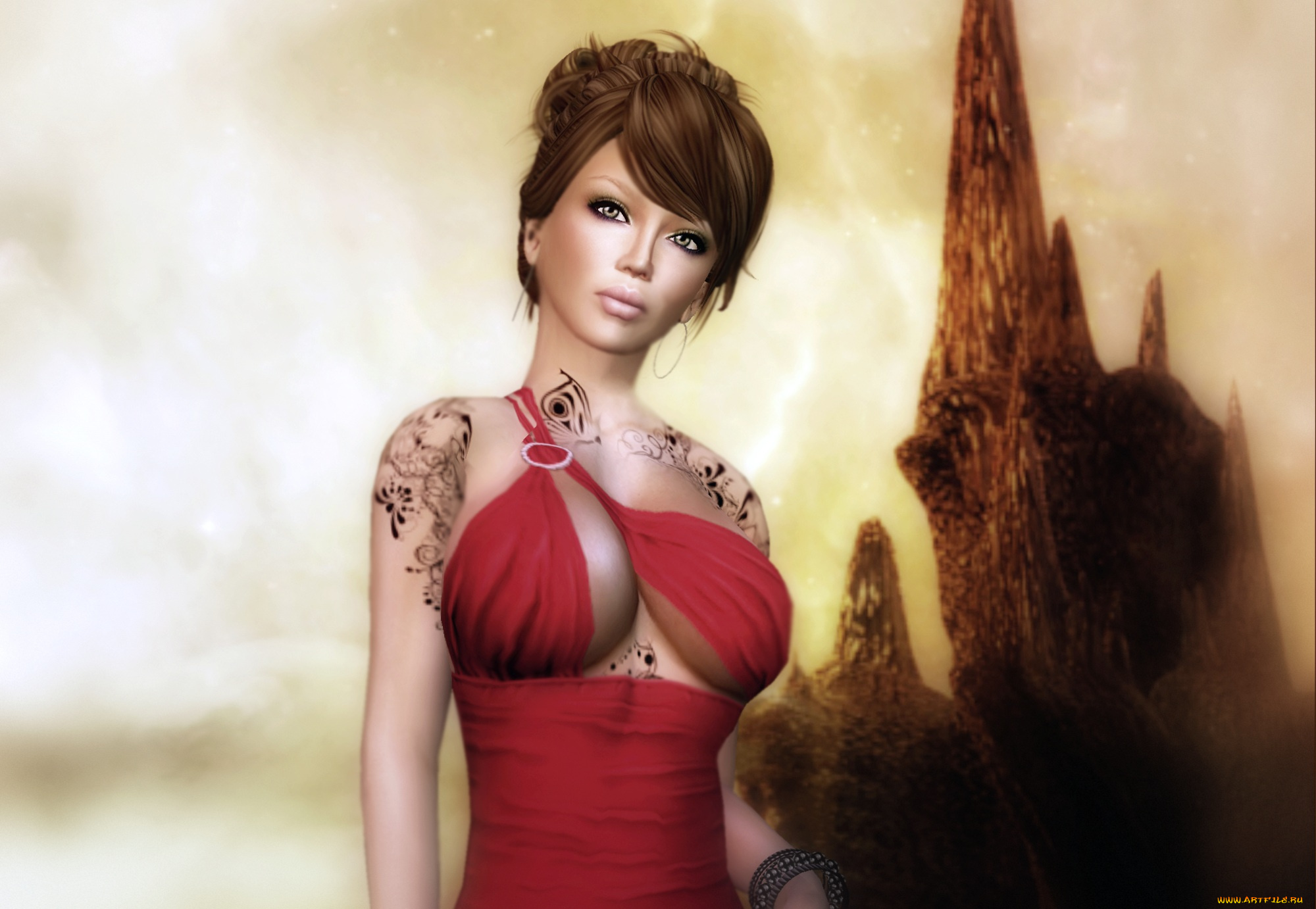 3д, графика, people, люди, гора, тату, платье, девушка