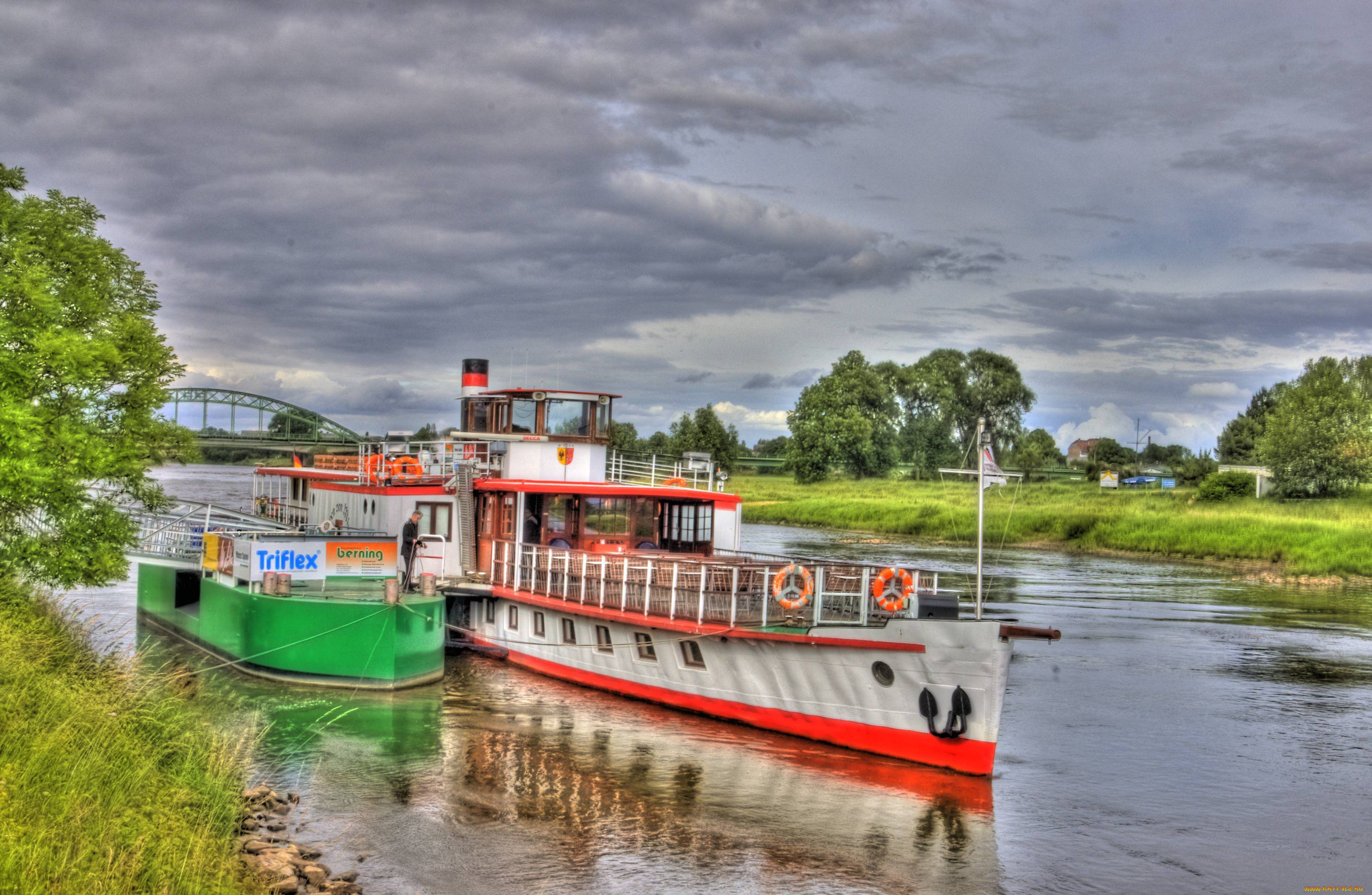 корабли, пароходы, пристань, мост, природа, река