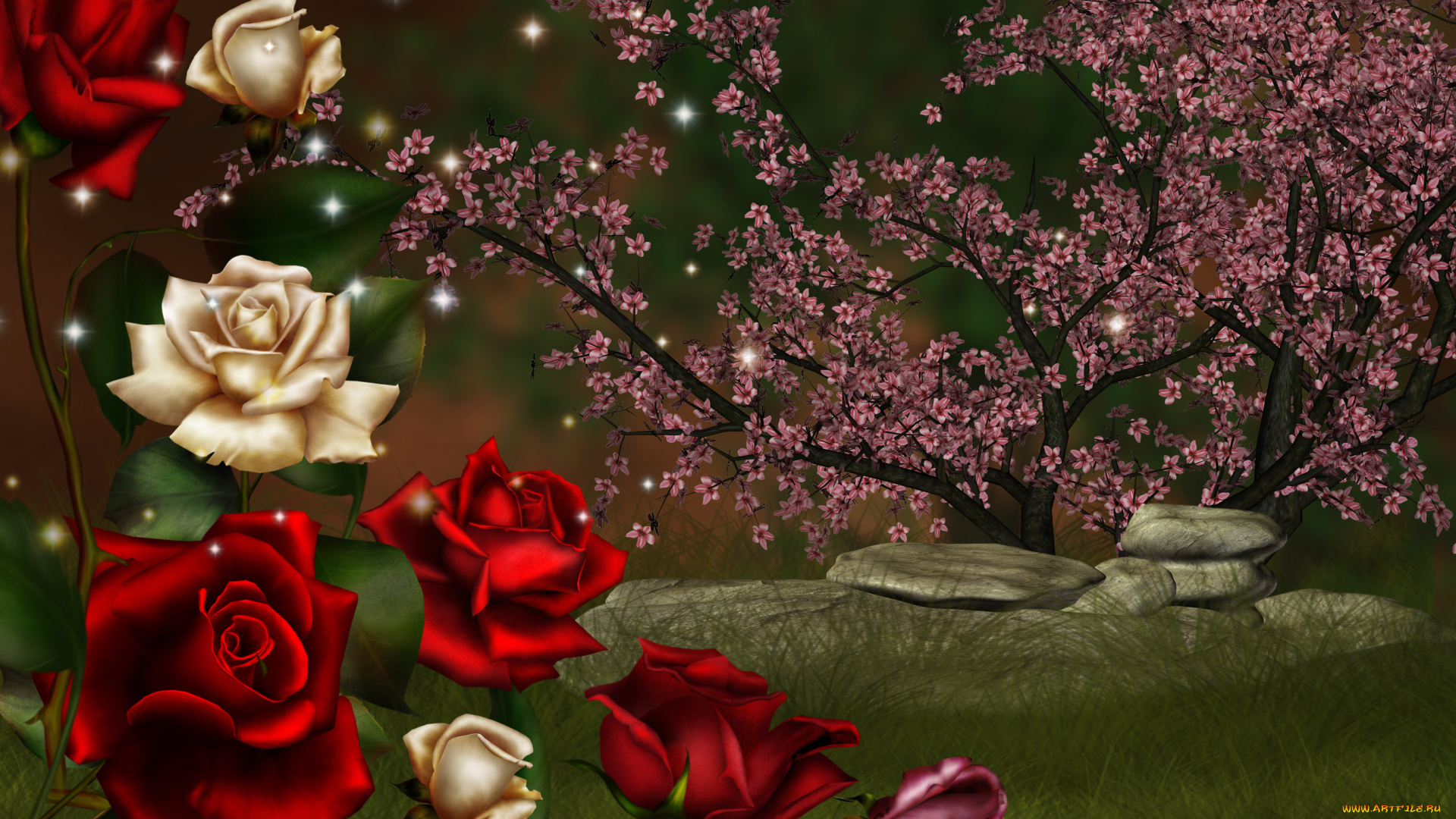 3d, 3д, графика, flowers, цветы, розы, природа