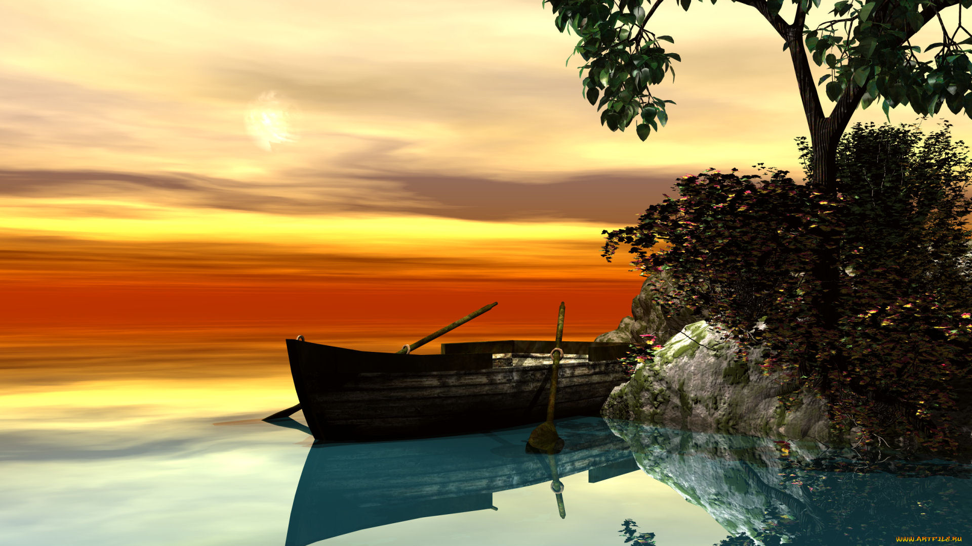 3д, графика, nature, landscape, природа, дерево, море, лодка