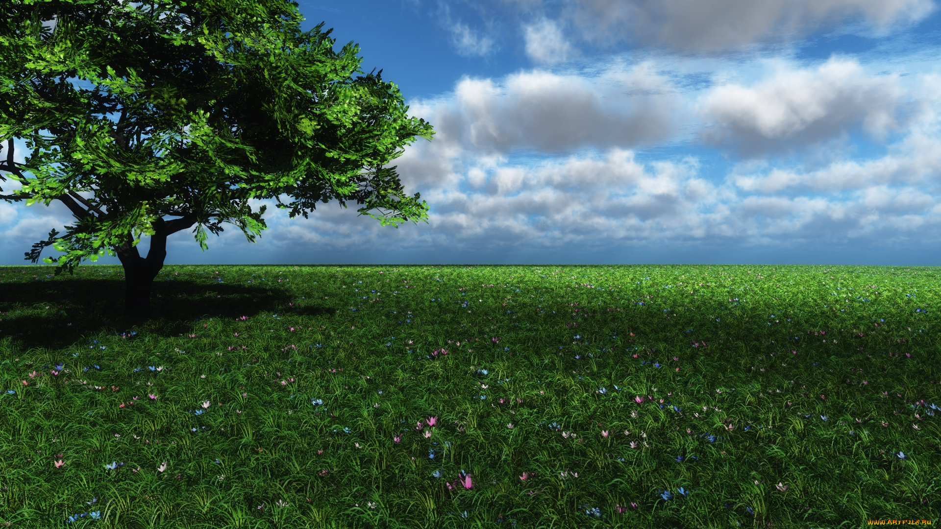 3д, графика, nature, landscape, природа, луг, цветы, дерево
