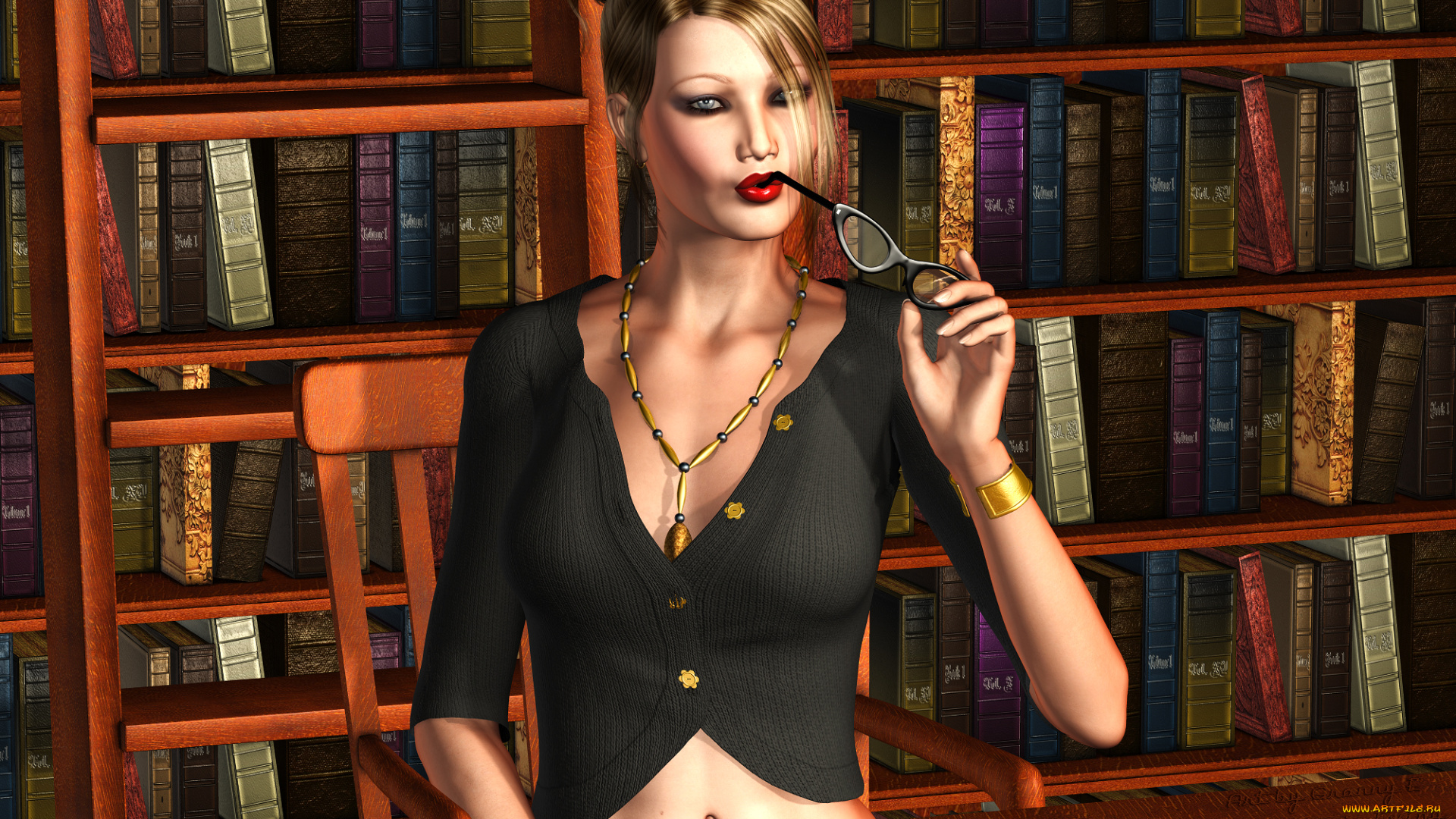 3д, графика, people, люди, книги, полки, девушка, очки