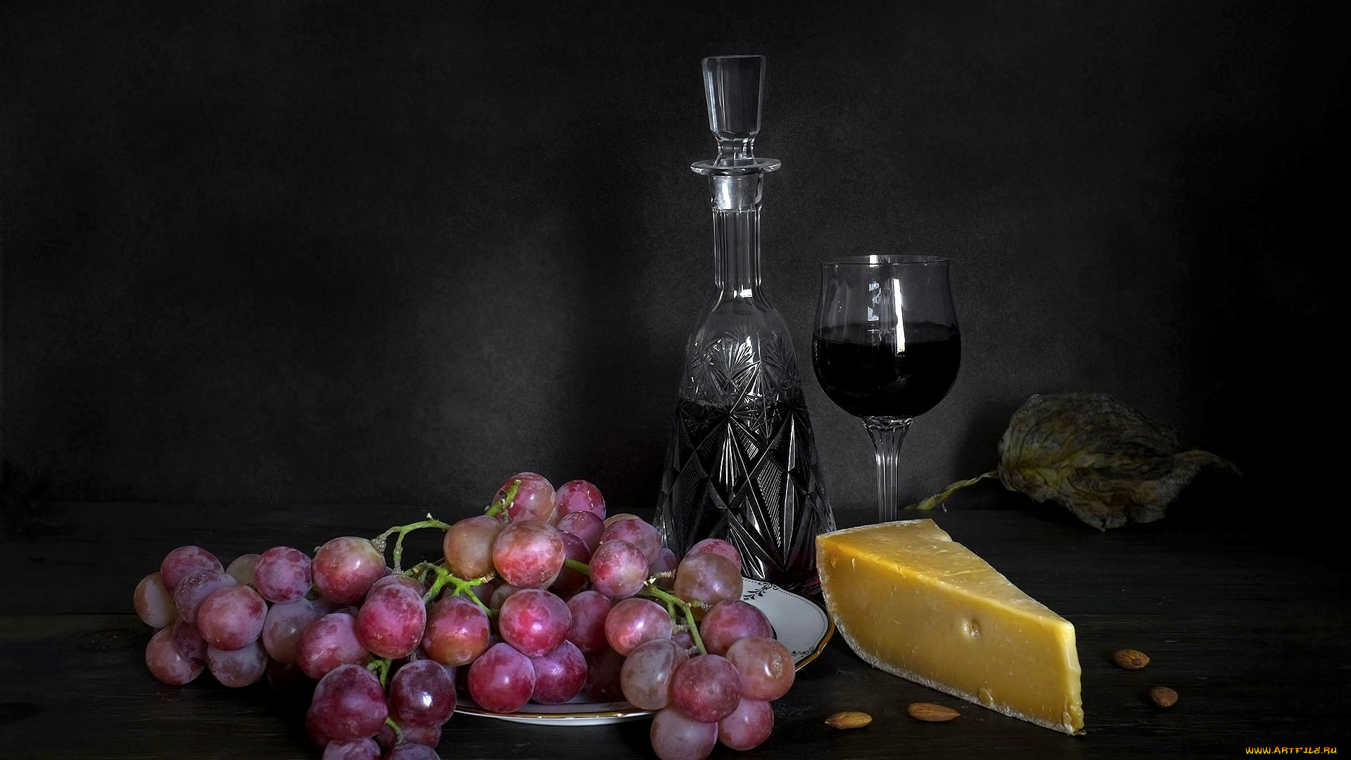 еда, натюрморт, миндаль, сыр, виноград, вино