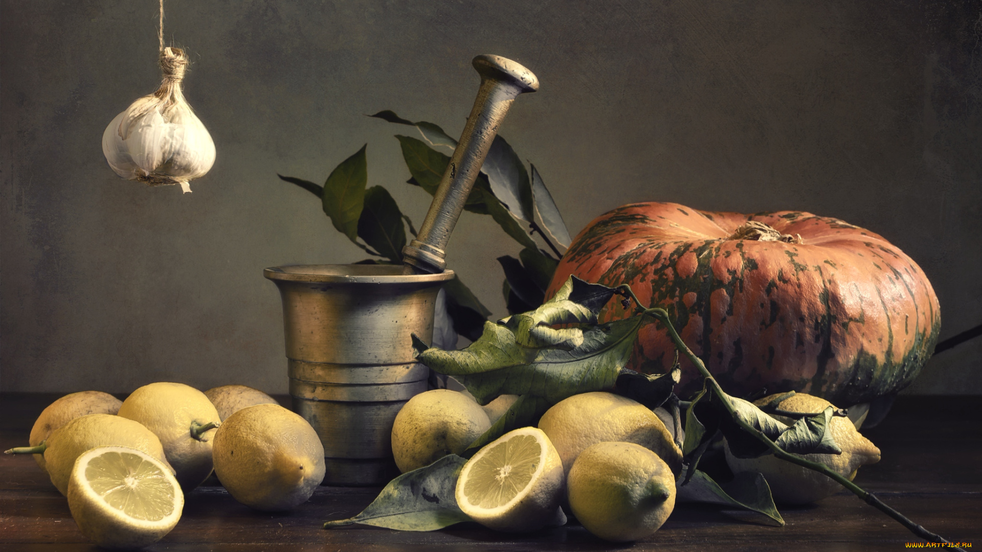 еда, натюрморт, тыква, лимоны, чеснок, ступка