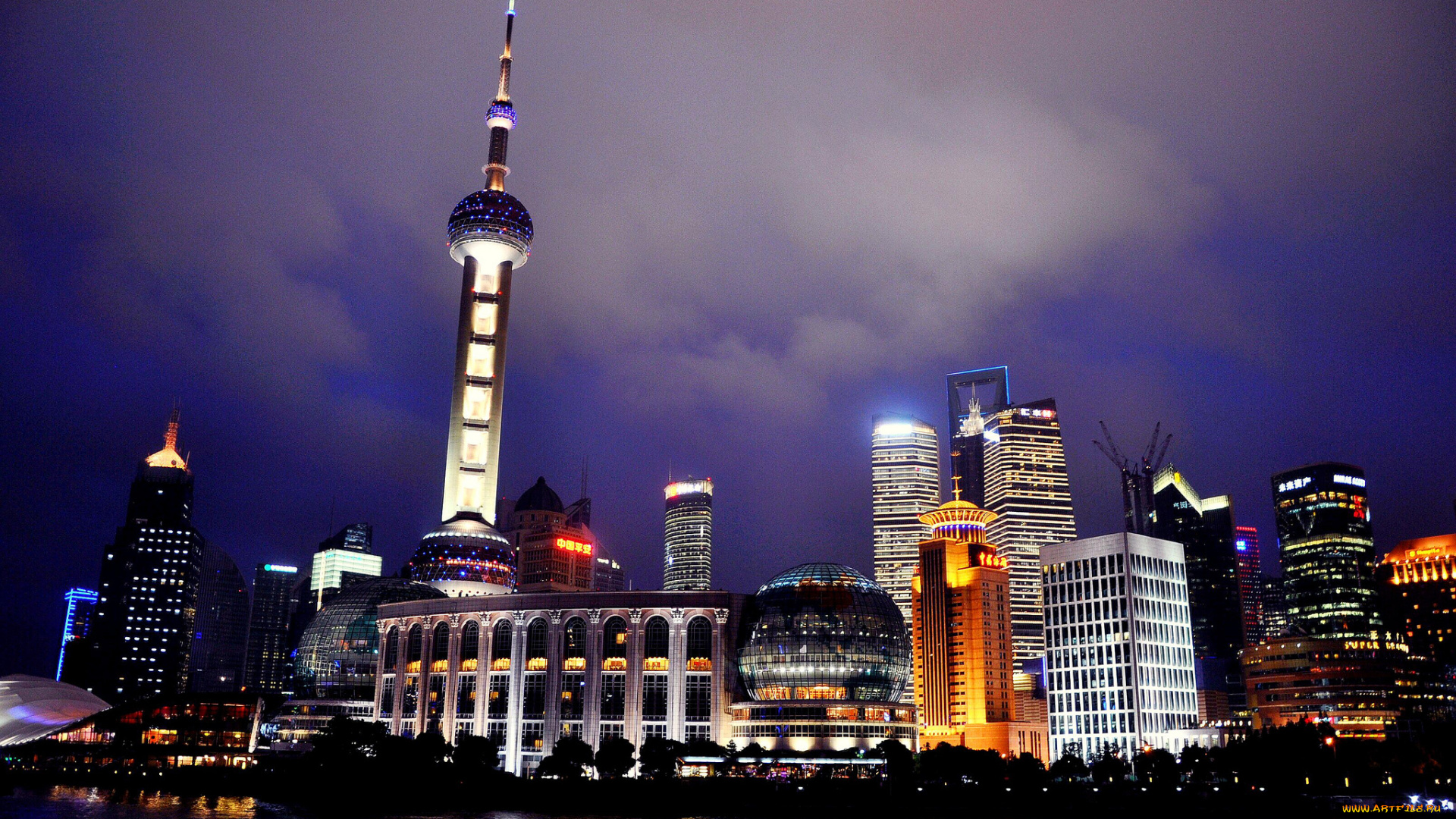 город, города, шанхай, китай, горд, огни, вода, отражение, ночь