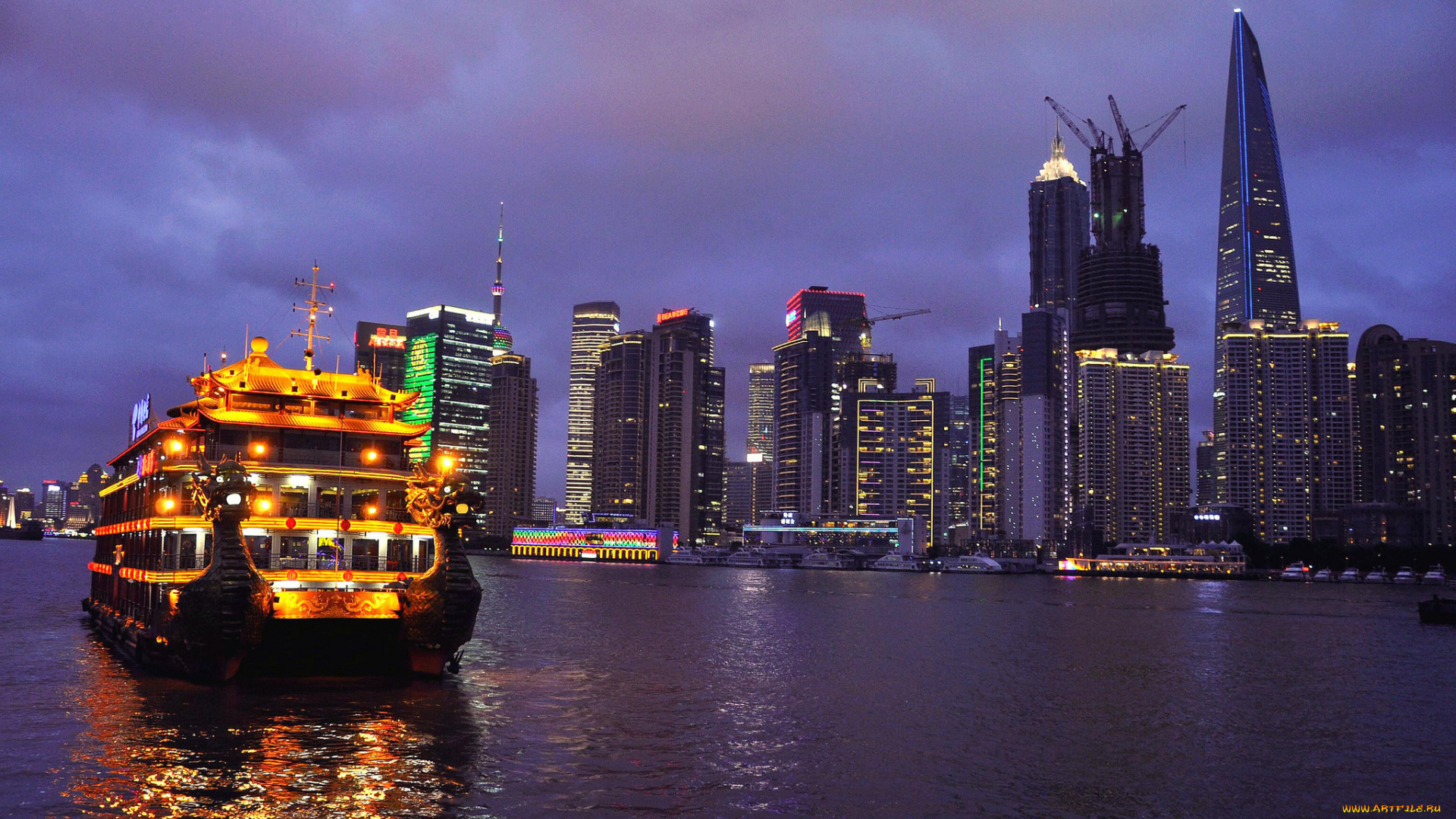 город, города, шанхай, китай, огни, корабль, вода, дома, ночь