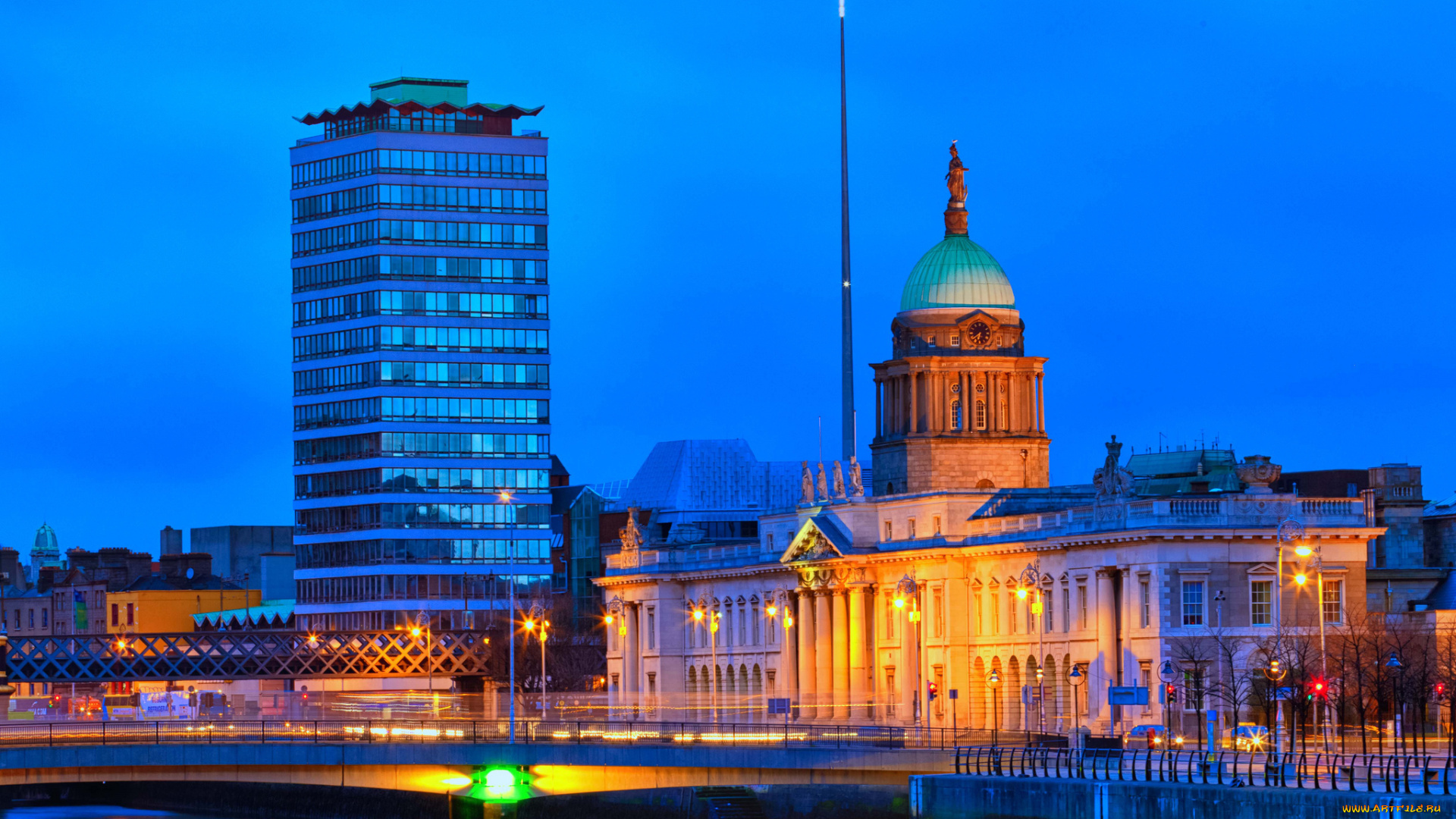 город, города, столицы, государств, здание, таможня, огни, вечер, дублин