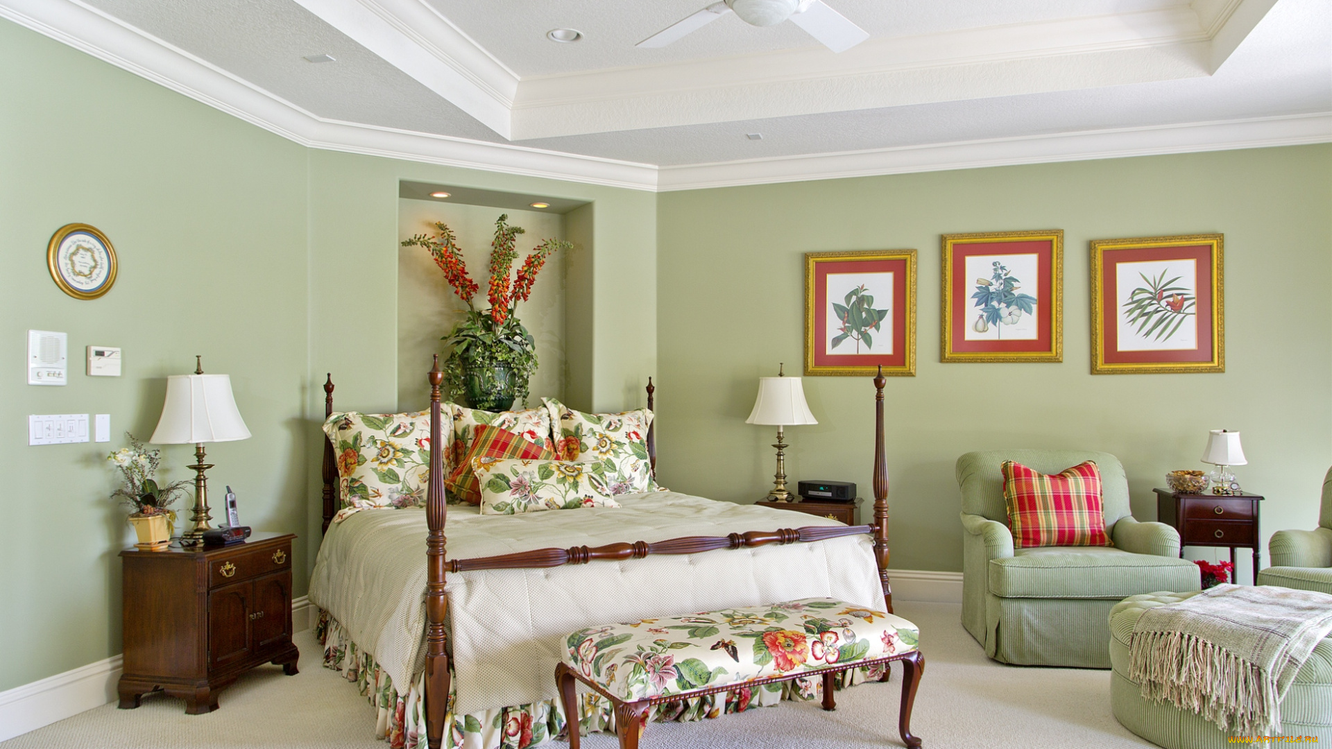 интерьер, спальня, кровать, декор, цветы