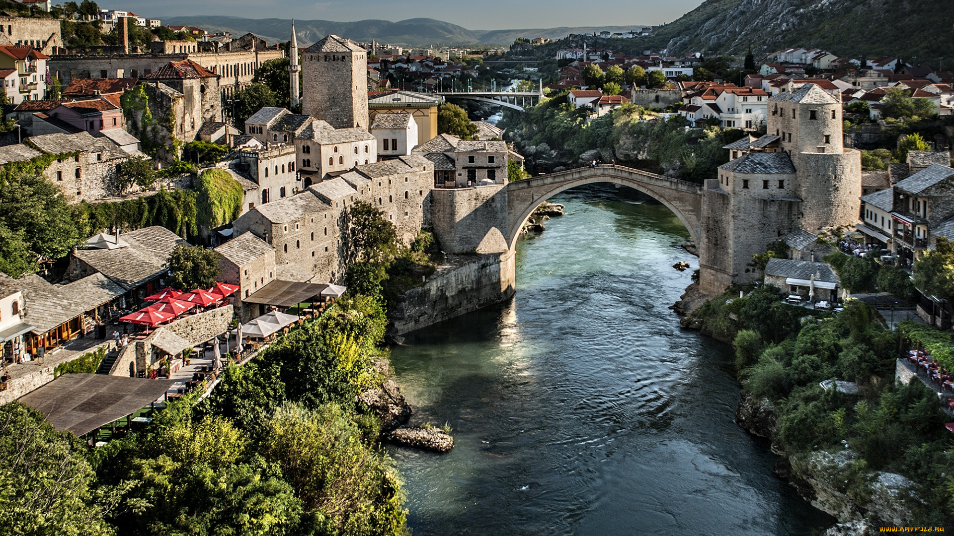 мостар, босния, города, герцеговина, река, мост, здания
