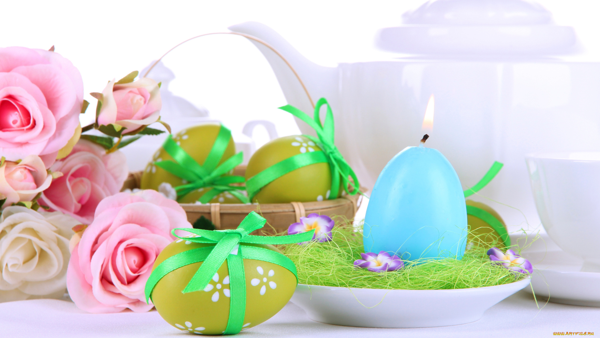праздничные, пасха, цветы, свечи, яйца