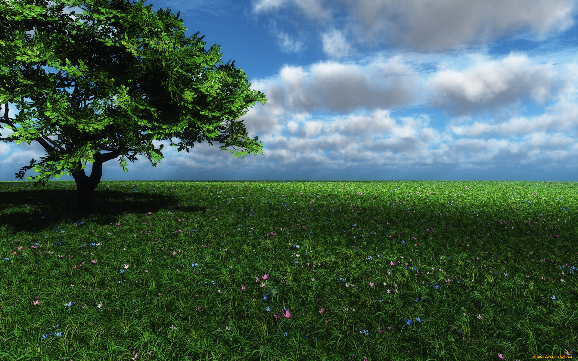 3д, графика, nature, landscape, природа, луг, цветы, дерево