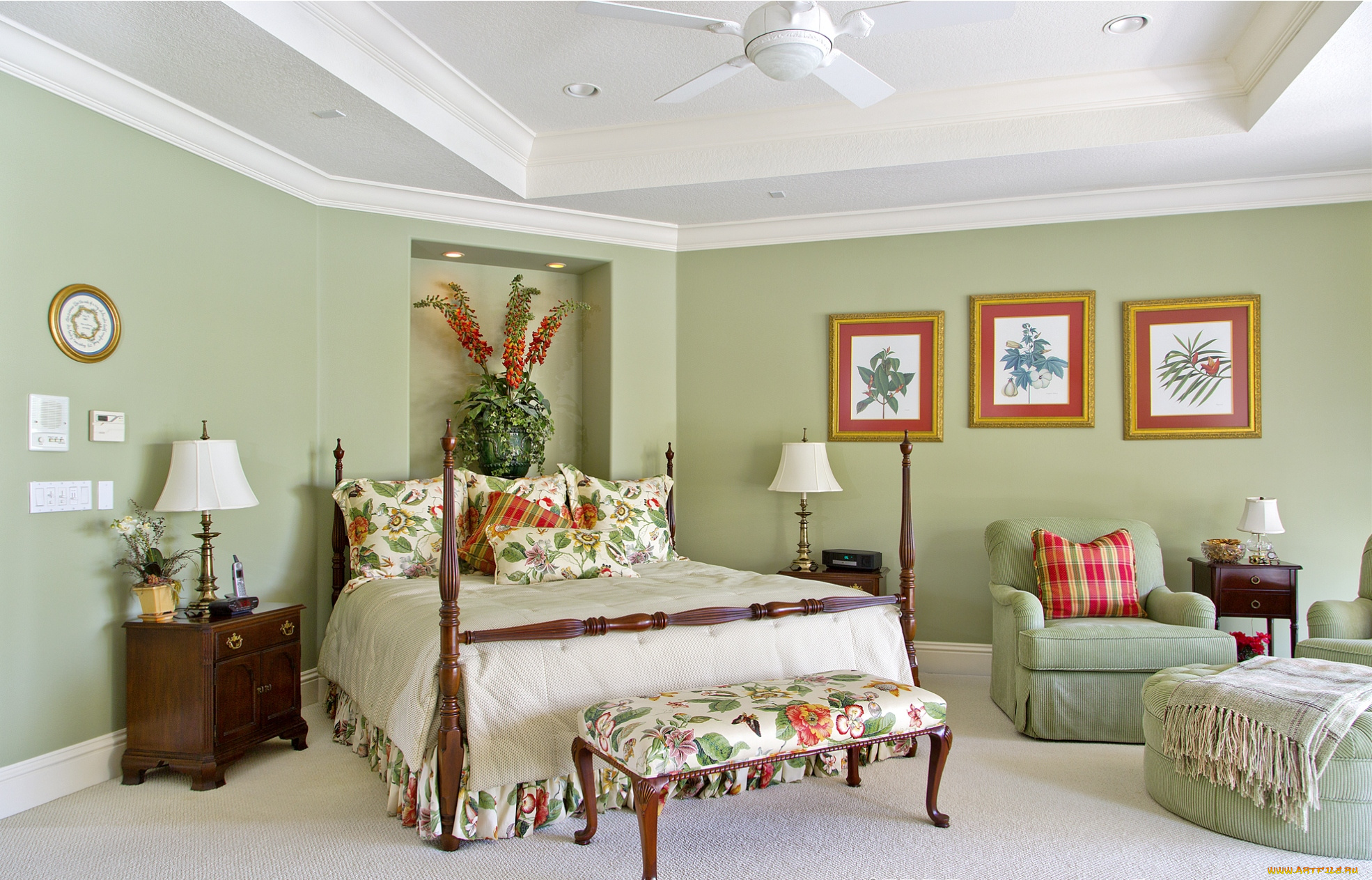 интерьер, спальня, кровать, декор, цветы