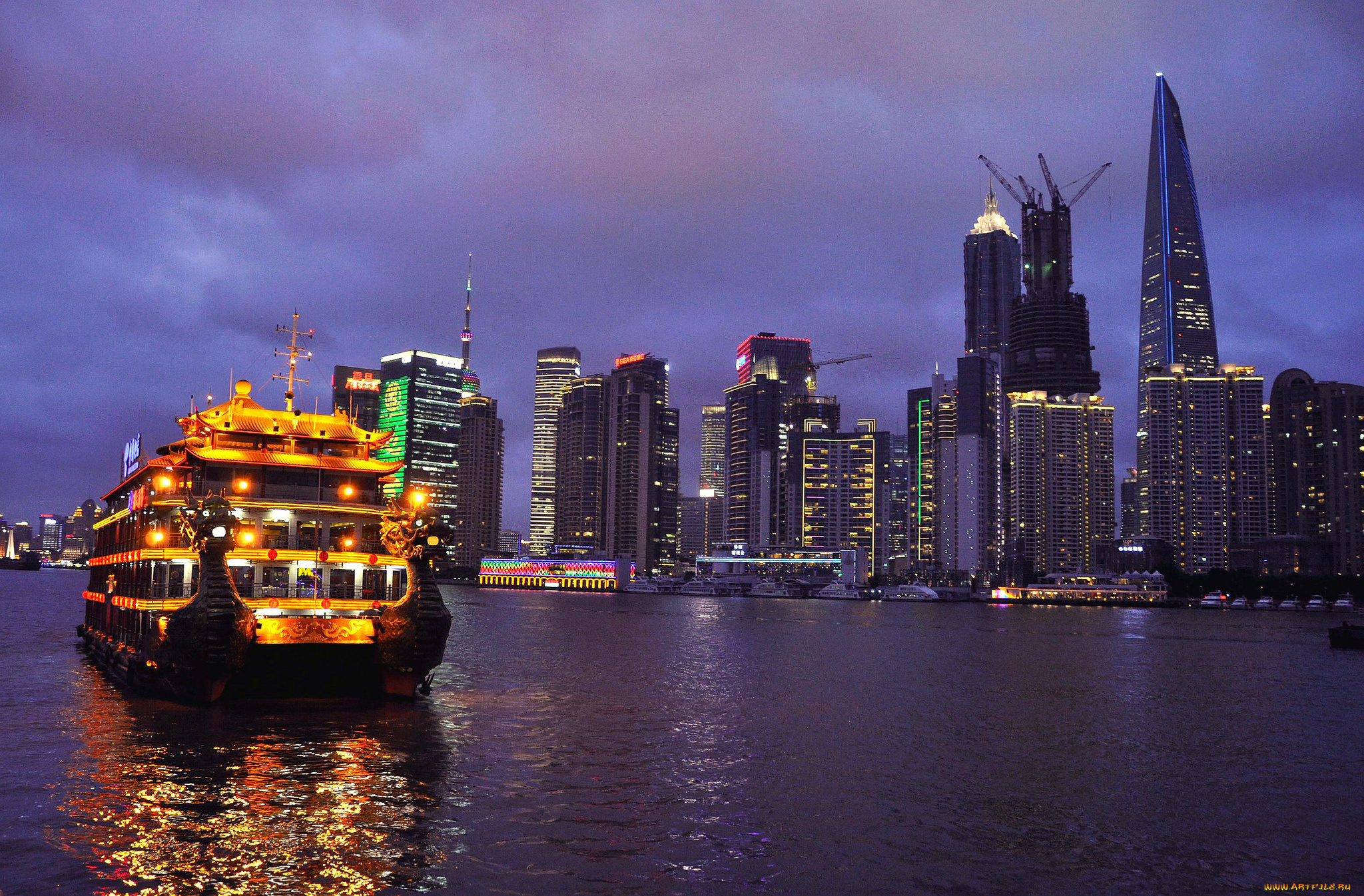 город, города, шанхай, китай, огни, корабль, вода, дома, ночь