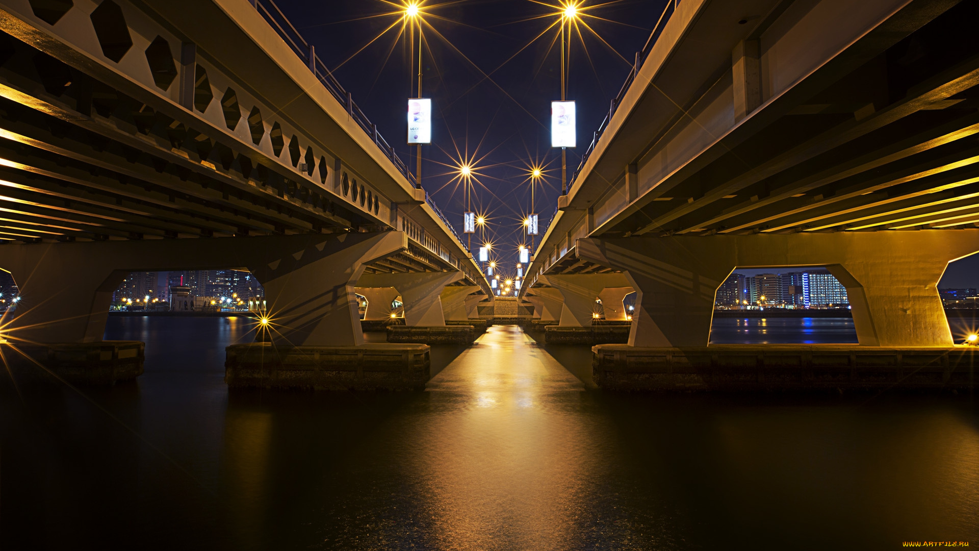 al, maktoum, bridge, города, дубаи, , оаэ, мост, река, огни, ночь