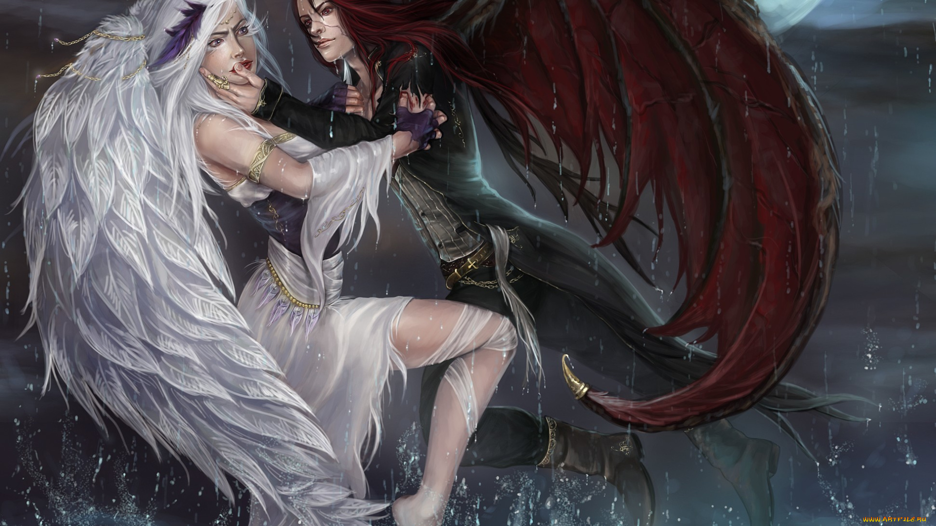 фэнтези, ангелы, арт, девушка, парень, вода, крылья, раны, нож, луна