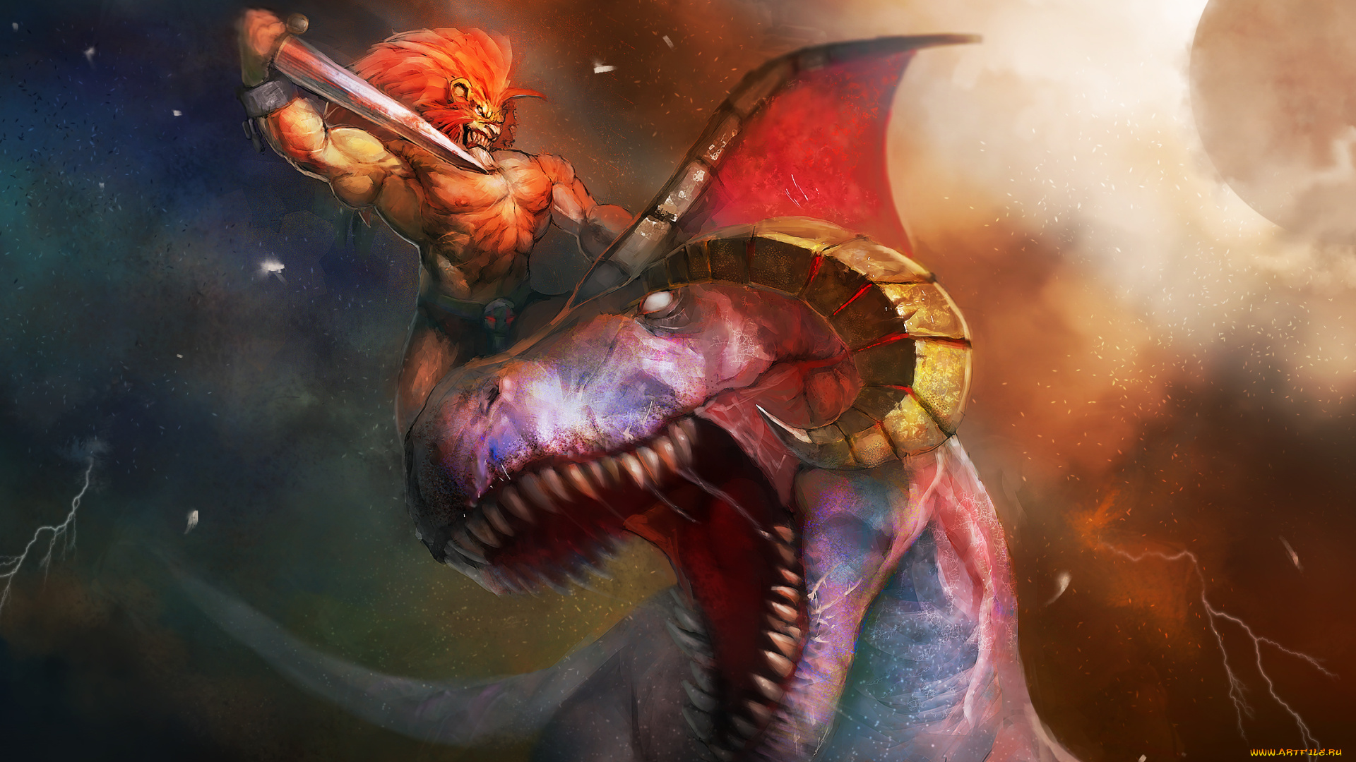 фэнтези, драконы, лев, клыки, пасть, меч, молнии, бой, рога, дракон