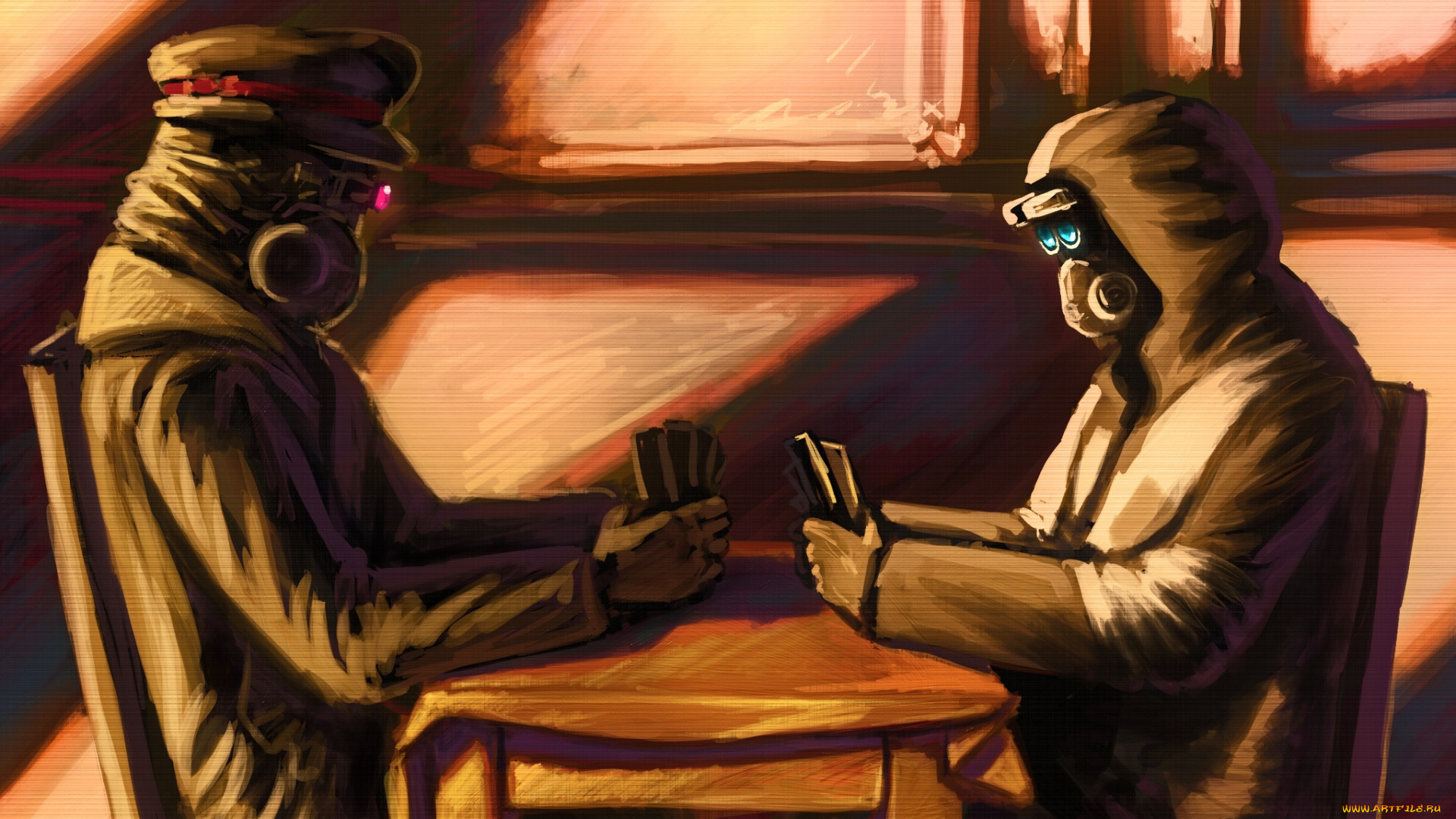 фэнтези, люди, капюшон, куртка, очки, комната, арт, противогазы, игра, карты, стол
