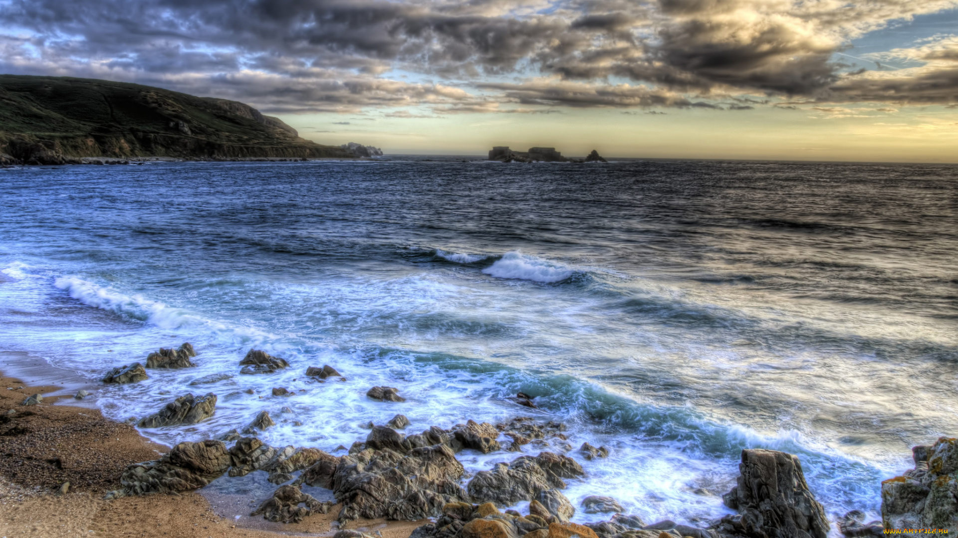 природа, побережье, горизонт, тучи, океан, пляж, волны