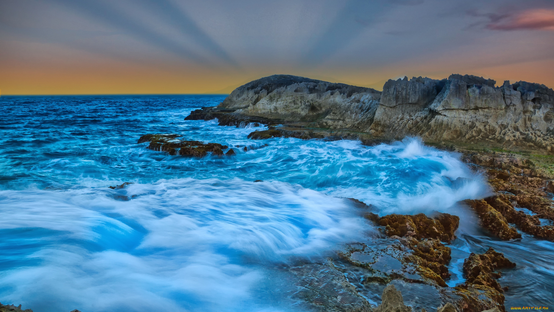 природа, побережье, океан, горизонт, прибой, скалы, бухта