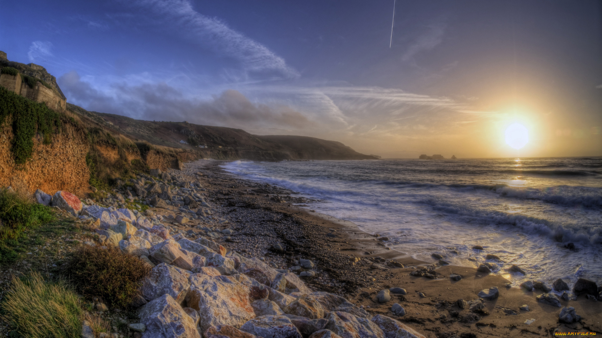 природа, восходы, закаты, солнце, океан, облака, горизонт, скалы