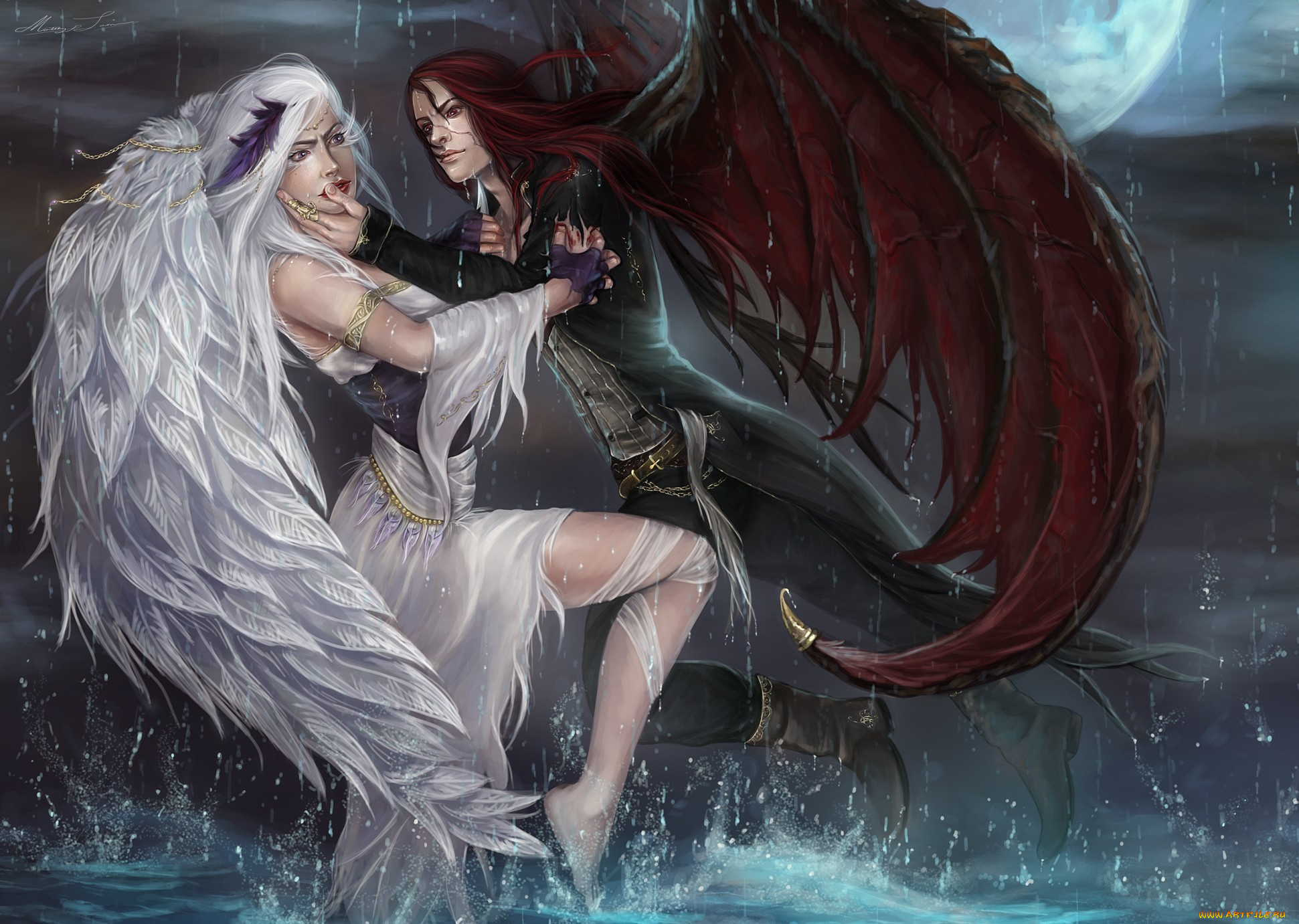 фэнтези, ангелы, арт, девушка, парень, вода, крылья, раны, нож, луна