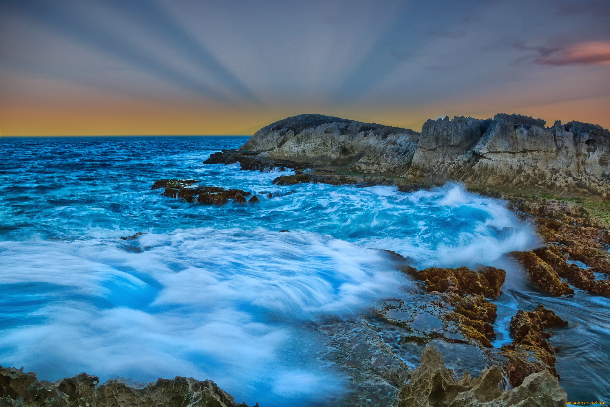 природа, побережье, океан, горизонт, прибой, скалы, бухта