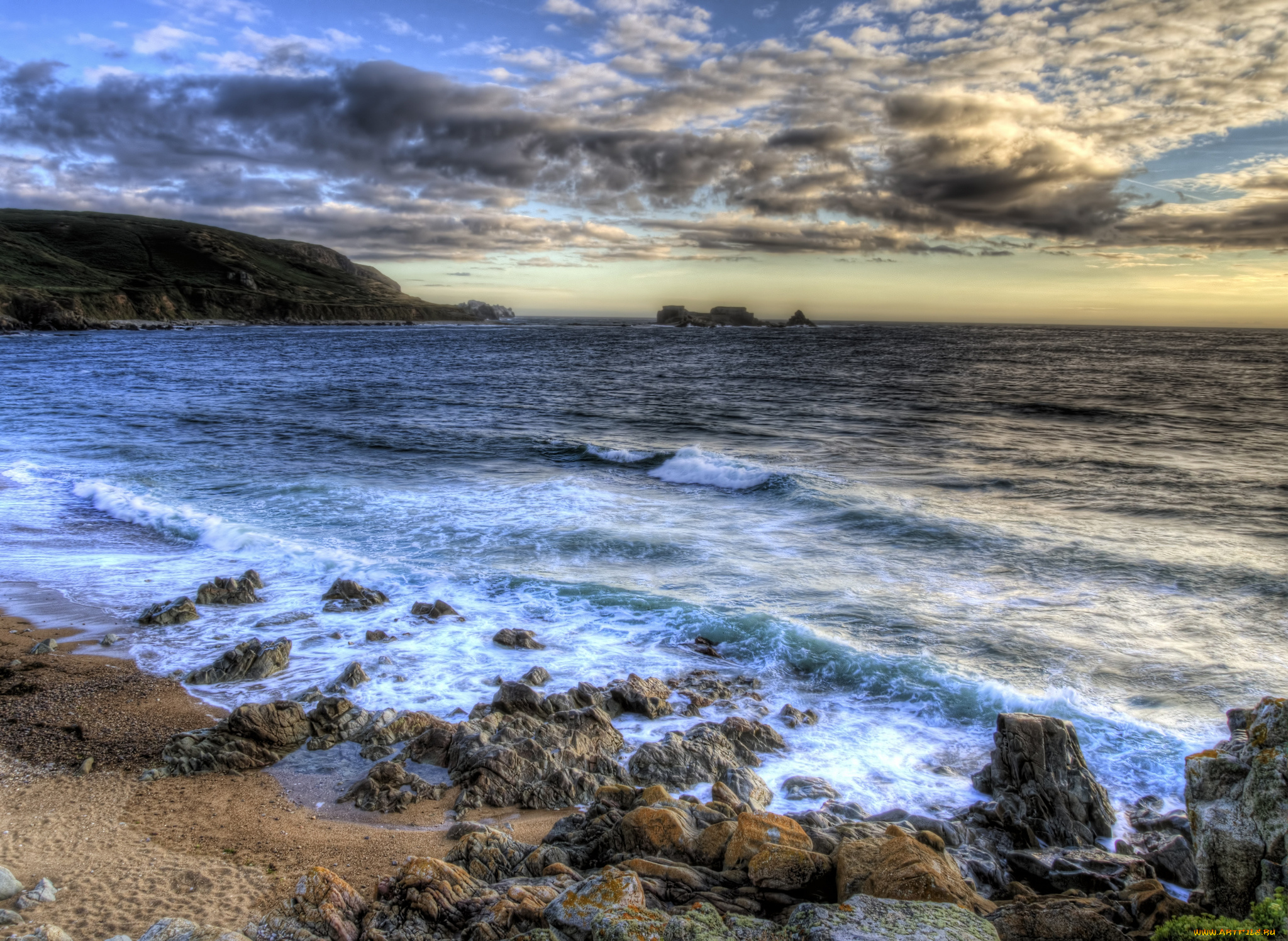 природа, побережье, горизонт, тучи, океан, пляж, волны